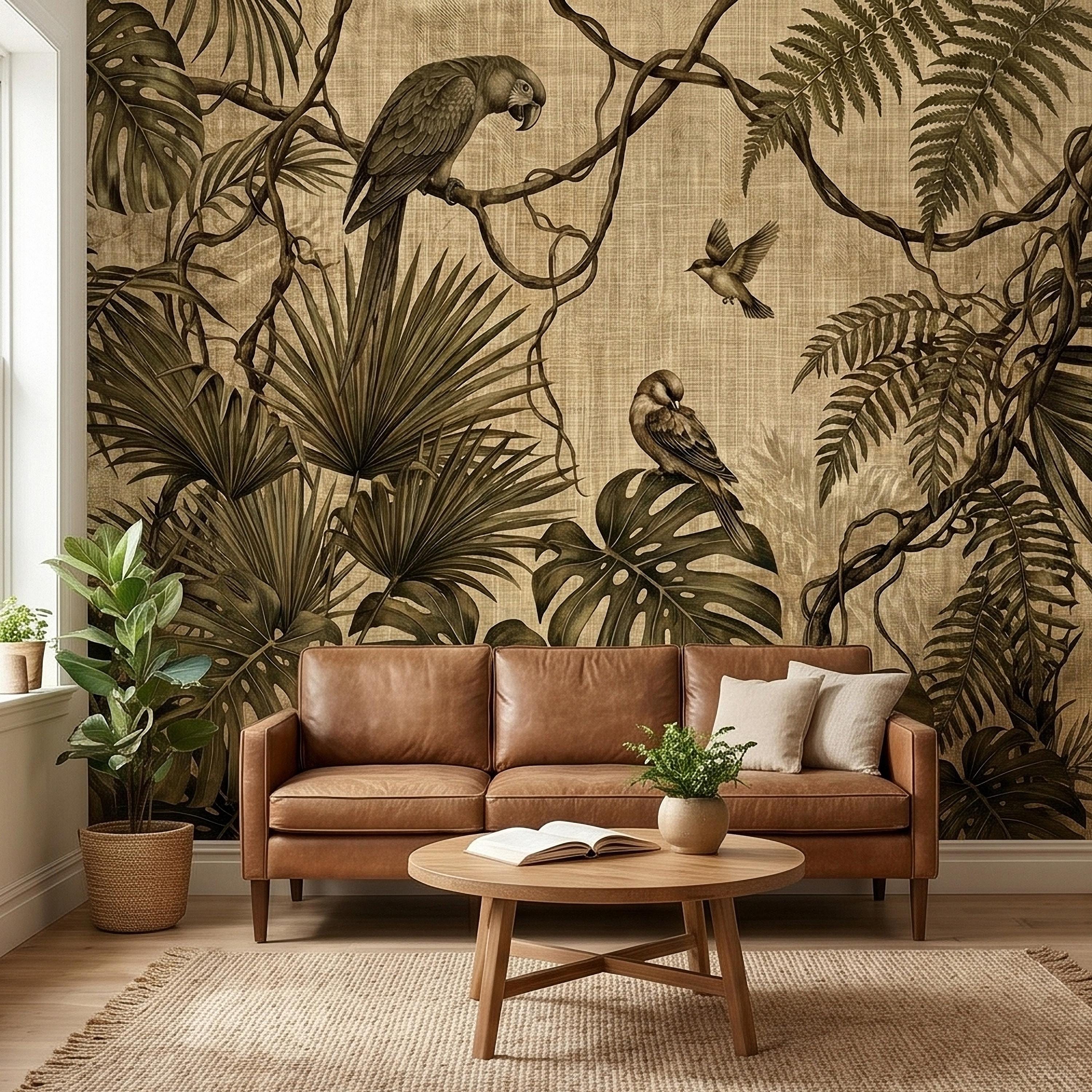 Tropical Birds and Monstera Peel and Stick Wall Mural Vintage Parrot Jungle Leaves Fern Vine, Neutral Sepia Linen Botanical Toile Wallpaper