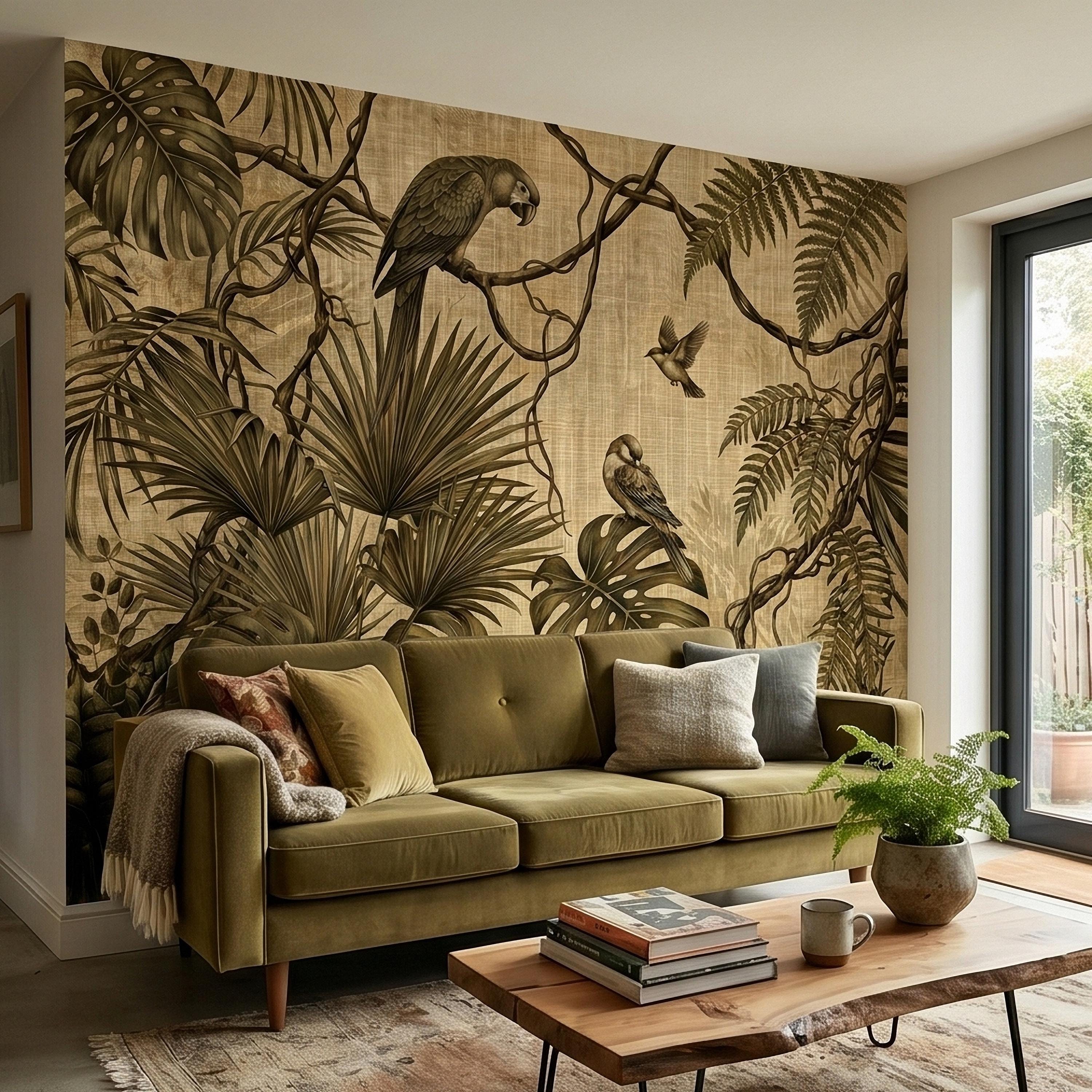 Tropical Birds and Monstera Peel and Stick Wall Mural Vintage Parrot Jungle Leaves Fern Vine, Neutral Sepia Linen Botanical Toile Wallpaper