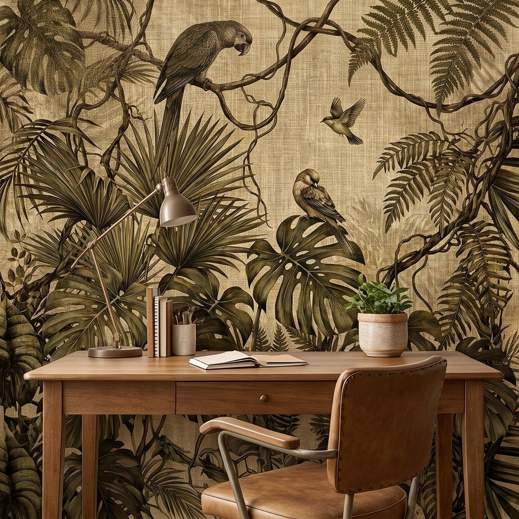 Tropical Birds and Monstera Peel and Stick Wall Mural Vintage Parrot Jungle Leaves Fern Vine, Neutral Sepia Linen Botanical Toile Wallpaper