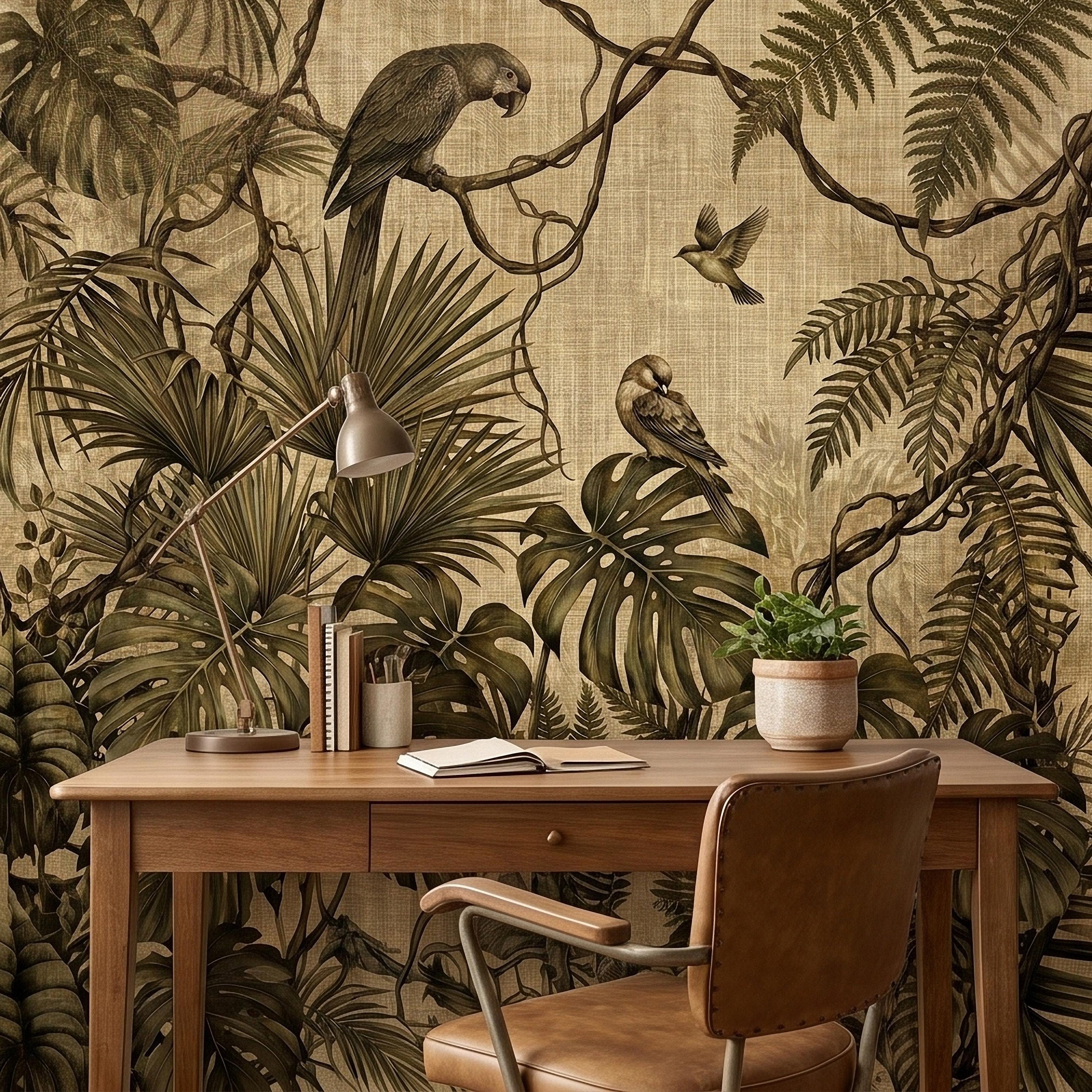 Tropical Birds and Monstera Peel and Stick Wall Mural Vintage Parrot Jungle Leaves Fern Vine, Neutral Sepia Linen Botanical Toile Wallpaper