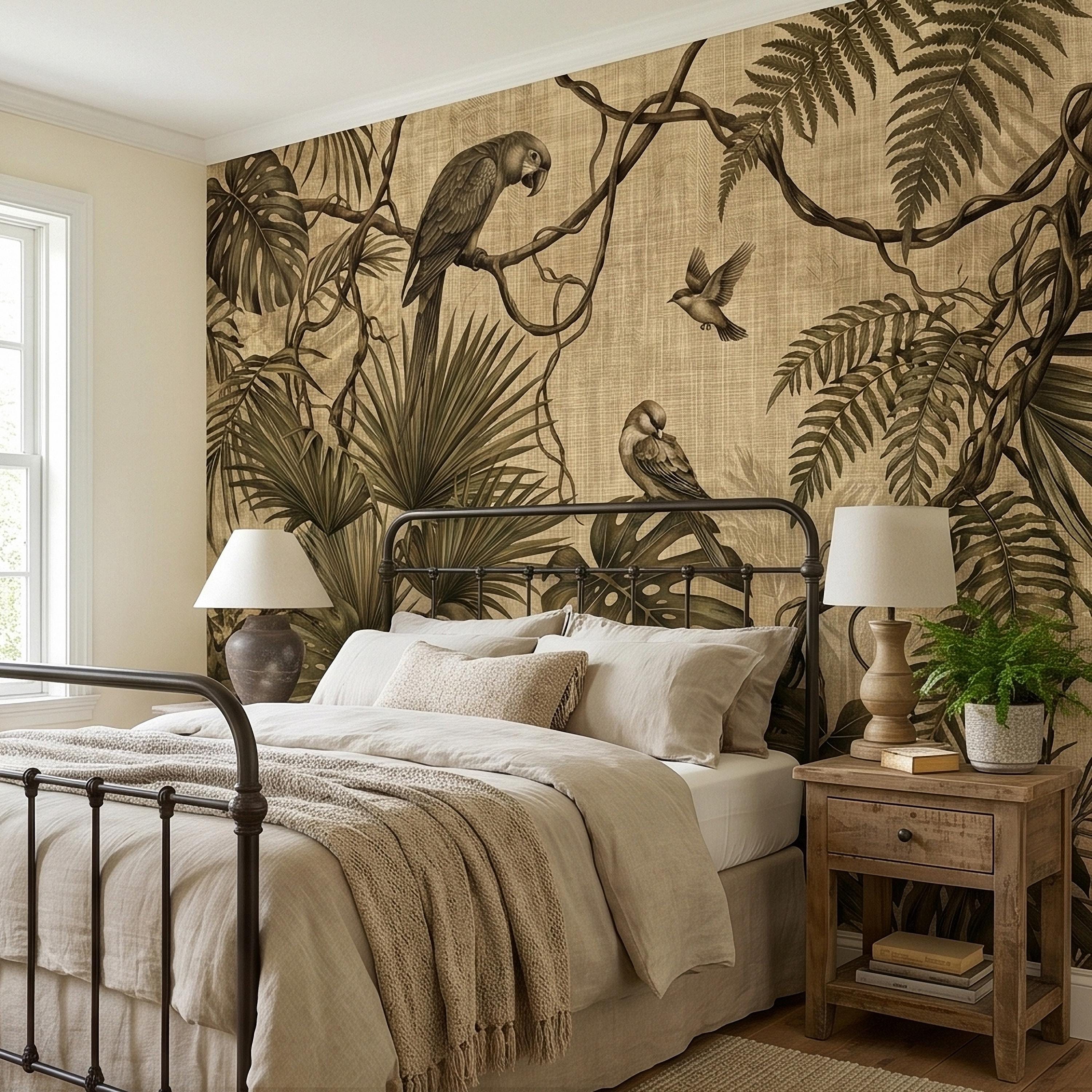 Tropical Birds and Monstera Peel and Stick Wall Mural Vintage Parrot Jungle Leaves Fern Vine, Neutral Sepia Linen Botanical Toile Wallpaper