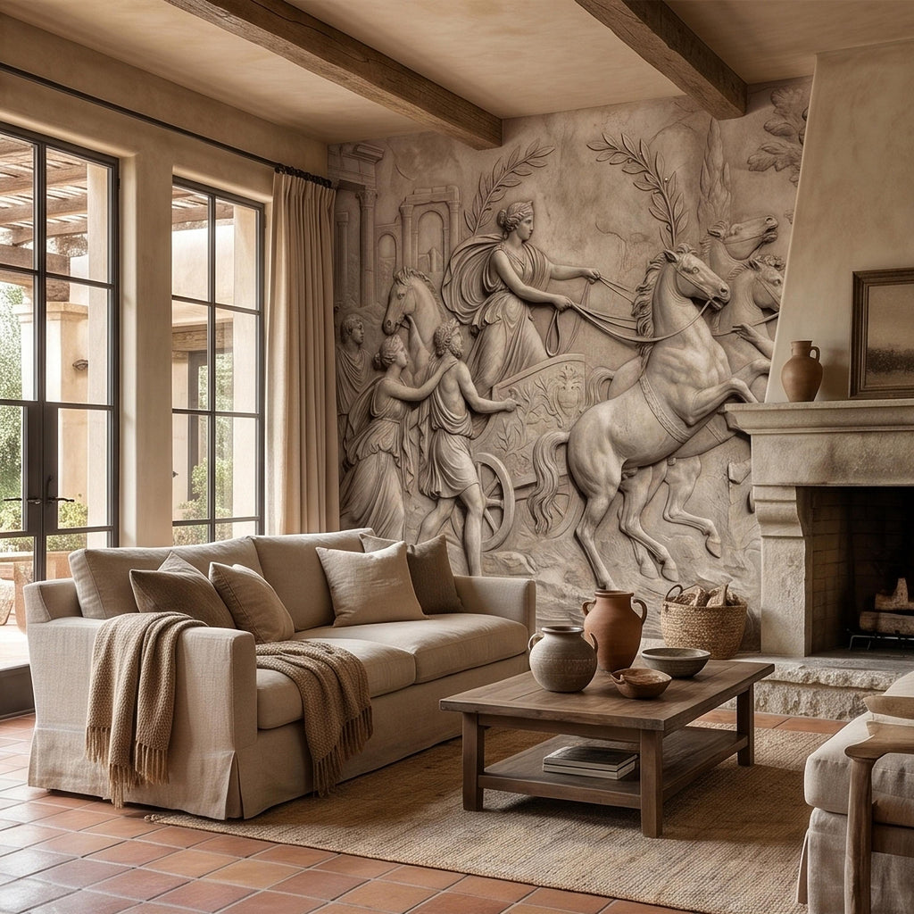 Greek Chariot Relief Peel and Stick Wall Mural, Neoclassical Roman Horses Bas Relief Sculpture, Antique Stone Plaster Texture Wallpaper