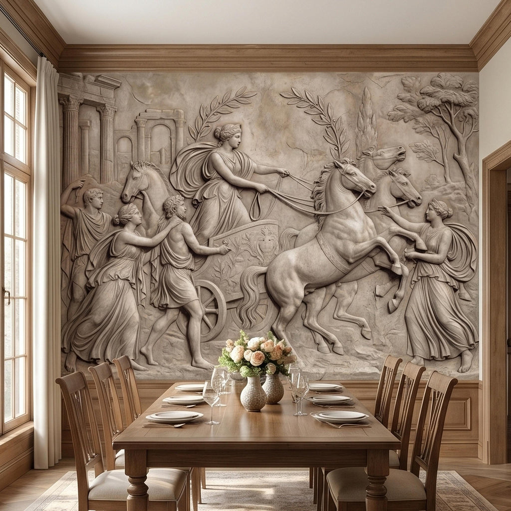 Greek Chariot Relief Peel and Stick Wall Mural, Neoclassical Roman Horses Bas Relief Sculpture, Antique Stone Plaster Texture Wallpaper