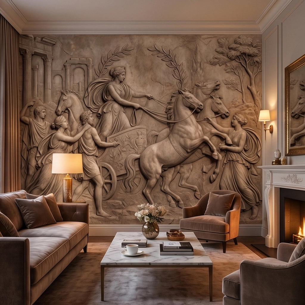 Greek Chariot Relief Peel and Stick Wall Mural, Neoclassical Roman Horses Bas Relief Sculpture, Antique Stone Plaster Texture Wallpaper