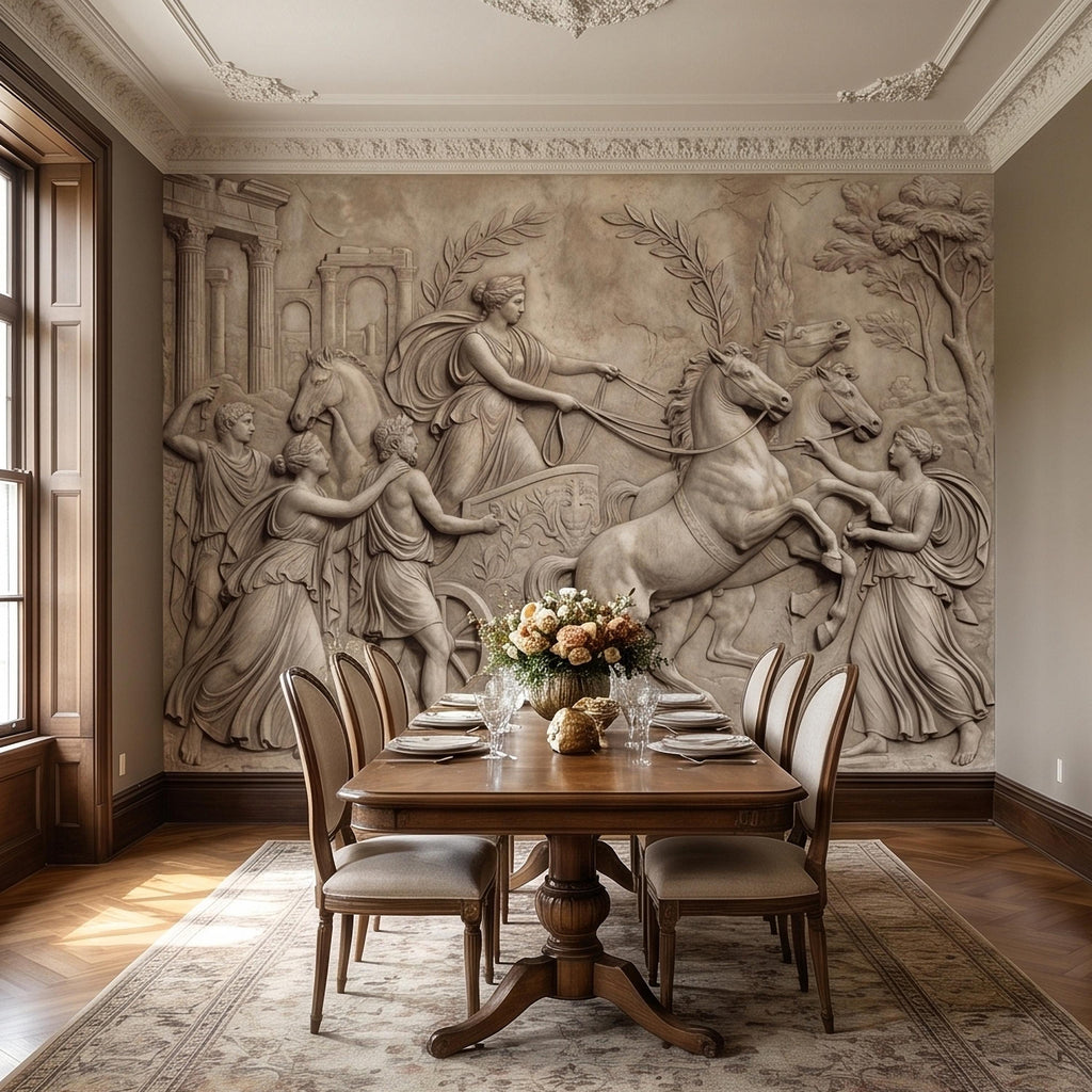 Greek Chariot Relief Peel and Stick Wall Mural, Neoclassical Roman Horses Bas Relief Sculpture, Antique Stone Plaster Texture Wallpaper