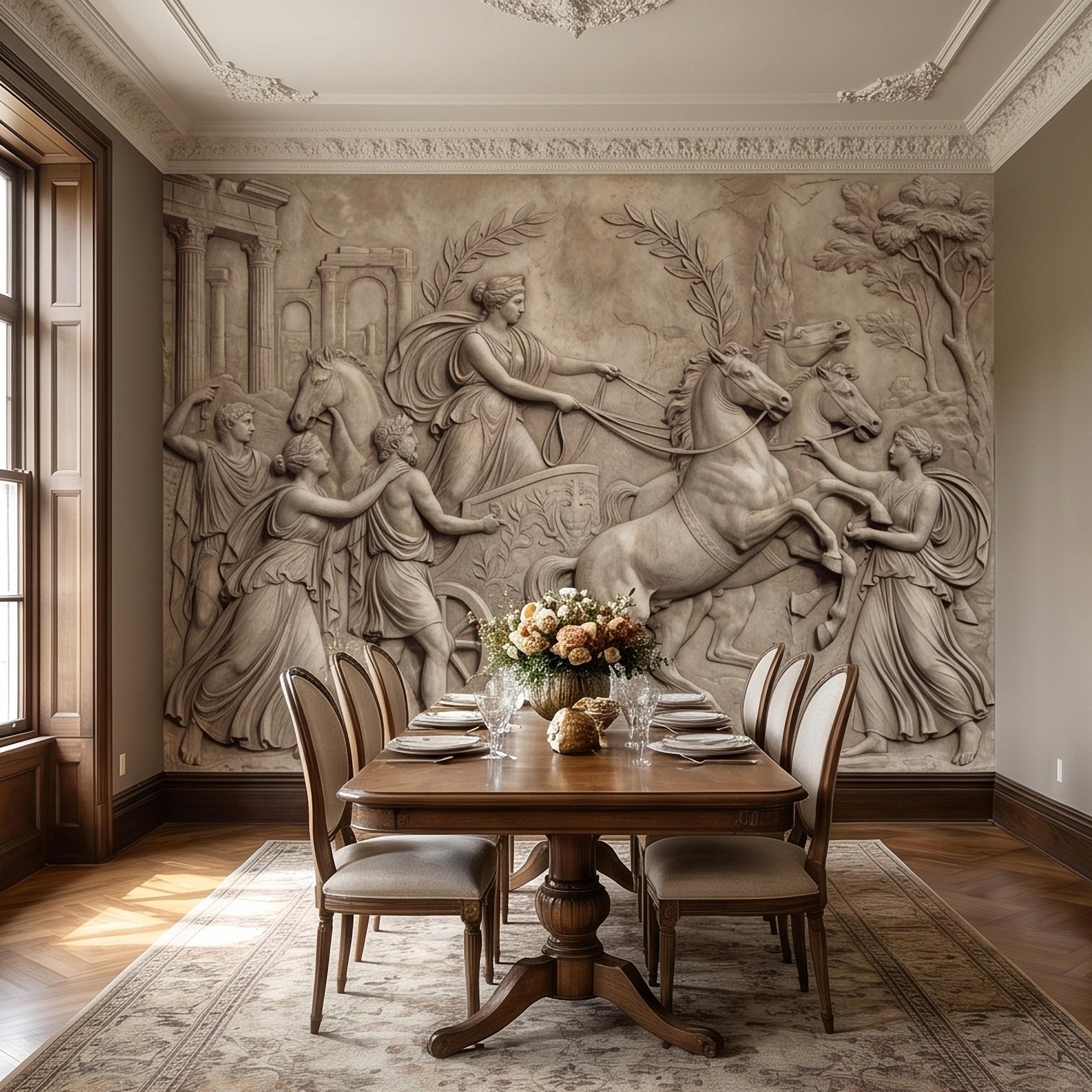 Greek Chariot Relief Peel and Stick Wall Mural, Neoclassical Roman Horses Bas Relief Sculpture, Antique Stone Plaster Texture Wallpaper