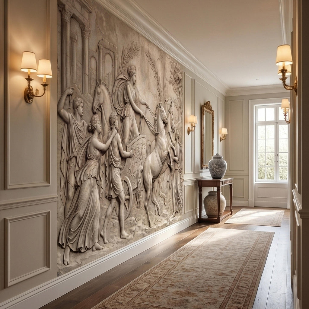 Greek Chariot Relief Peel and Stick Wall Mural, Neoclassical Roman Horses Bas Relief Sculpture, Antique Stone Plaster Texture Wallpaper