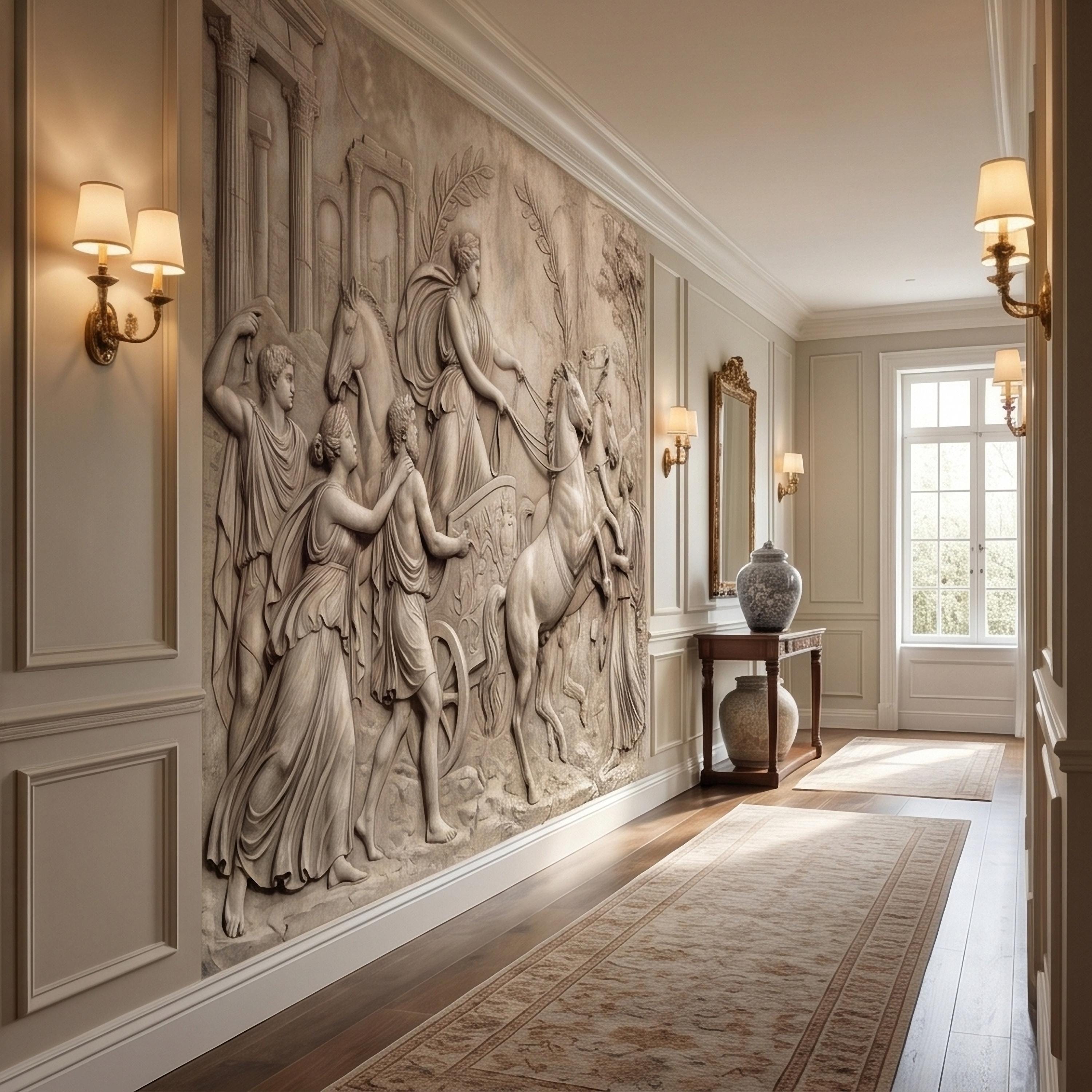 Greek Chariot Relief Peel and Stick Wall Mural, Neoclassical Roman Horses Bas Relief Sculpture, Antique Stone Plaster Texture Wallpaper