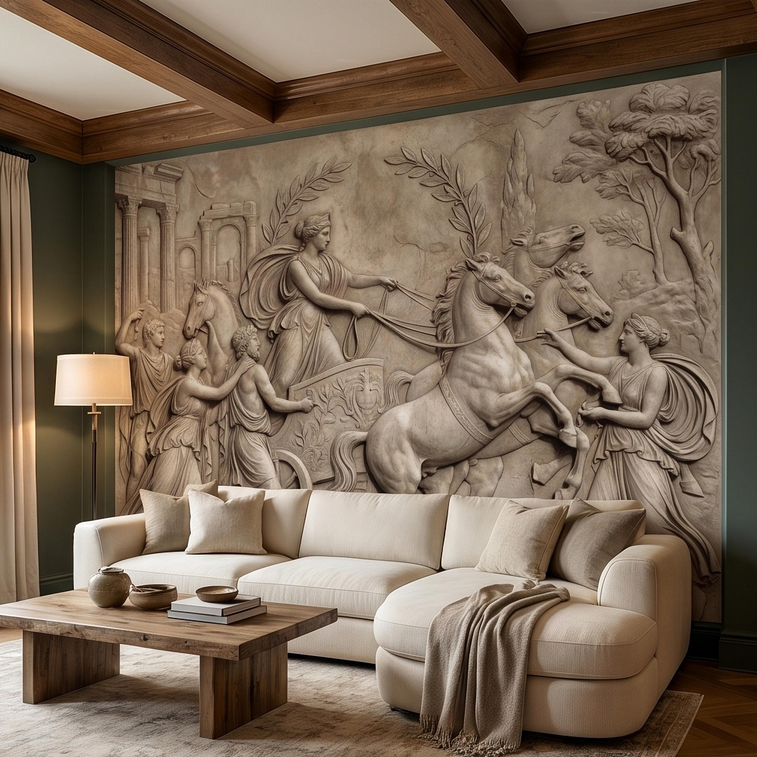 Greek Chariot Relief Peel and Stick Wall Mural, Neoclassical Roman Horses Bas Relief Sculpture, Antique Stone Plaster Texture Wallpaper