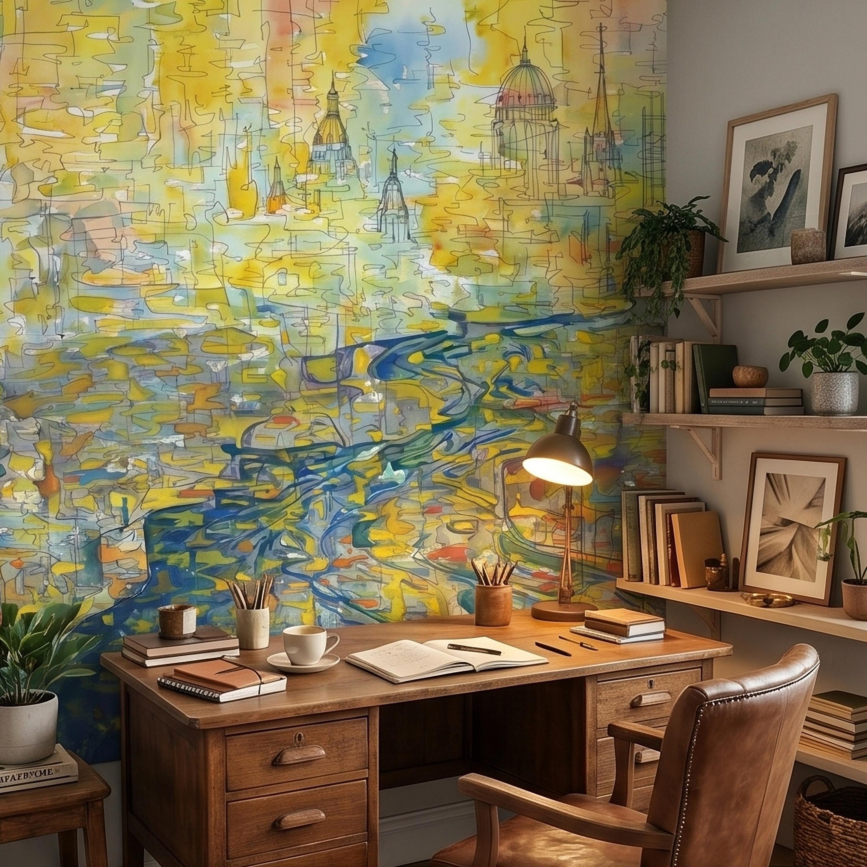 Abstract Watercolor City Map Peel and Stick Wall Mural, Colorful River Cityscape Line Drawing with Domes, Modern Urban Blue Yellow Wallpaper