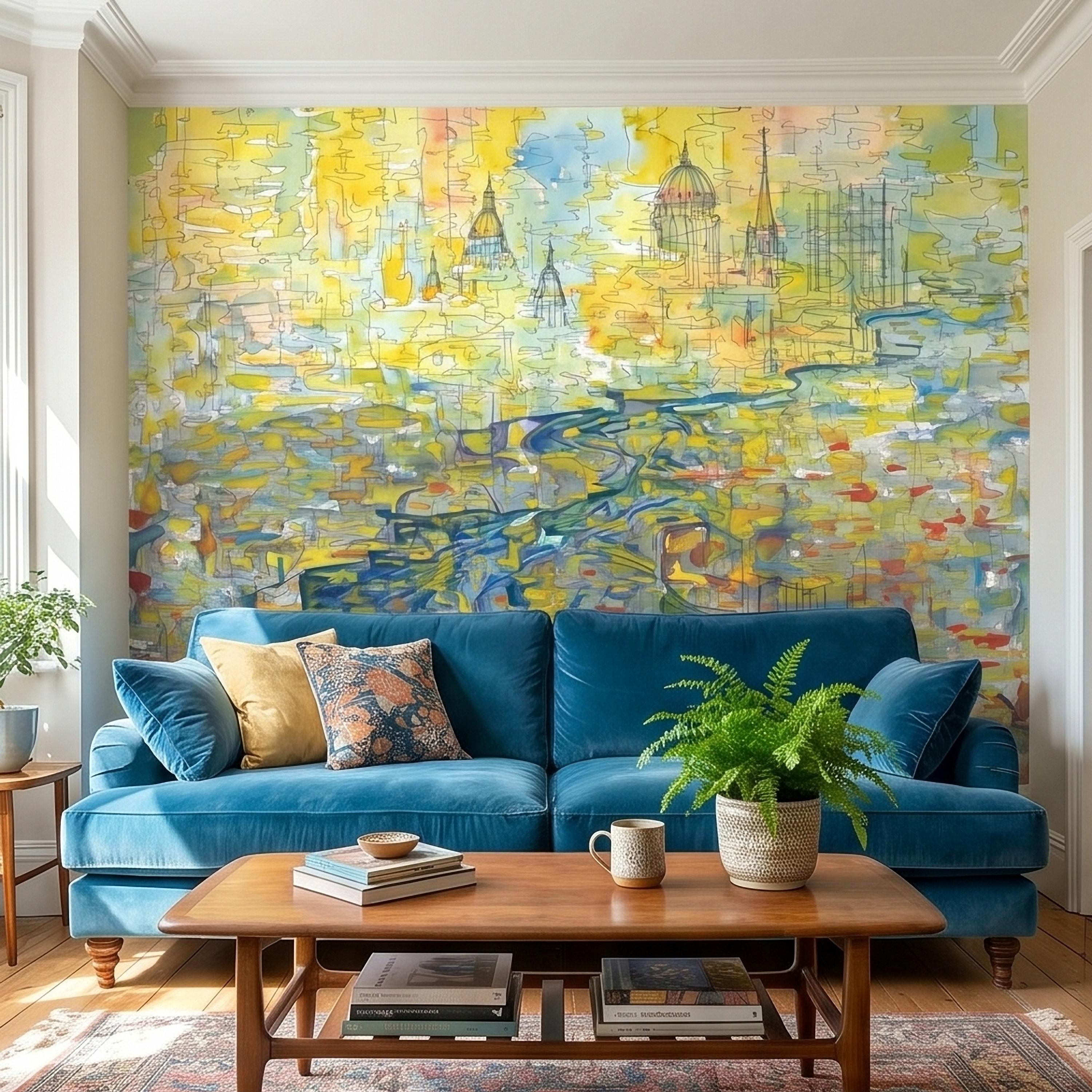 Abstract Watercolor City Map Peel and Stick Wall Mural, Colorful River Cityscape Line Drawing with Domes, Modern Urban Blue Yellow Wallpaper