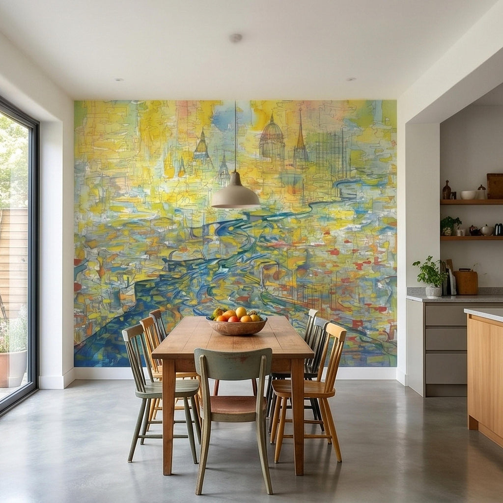 Abstract Watercolor City Map Peel and Stick Wall Mural, Colorful River Cityscape Line Drawing with Domes, Modern Urban Blue Yellow Wallpaper
