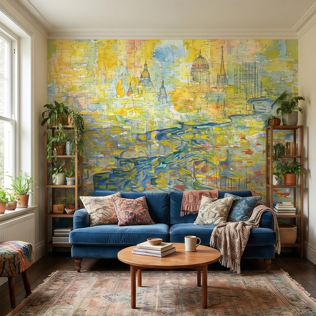 Abstract Watercolor City Map Peel and Stick Wall Mural, Colorful River Cityscape Line Drawing with Domes, Modern Urban Blue Yellow Wallpaper