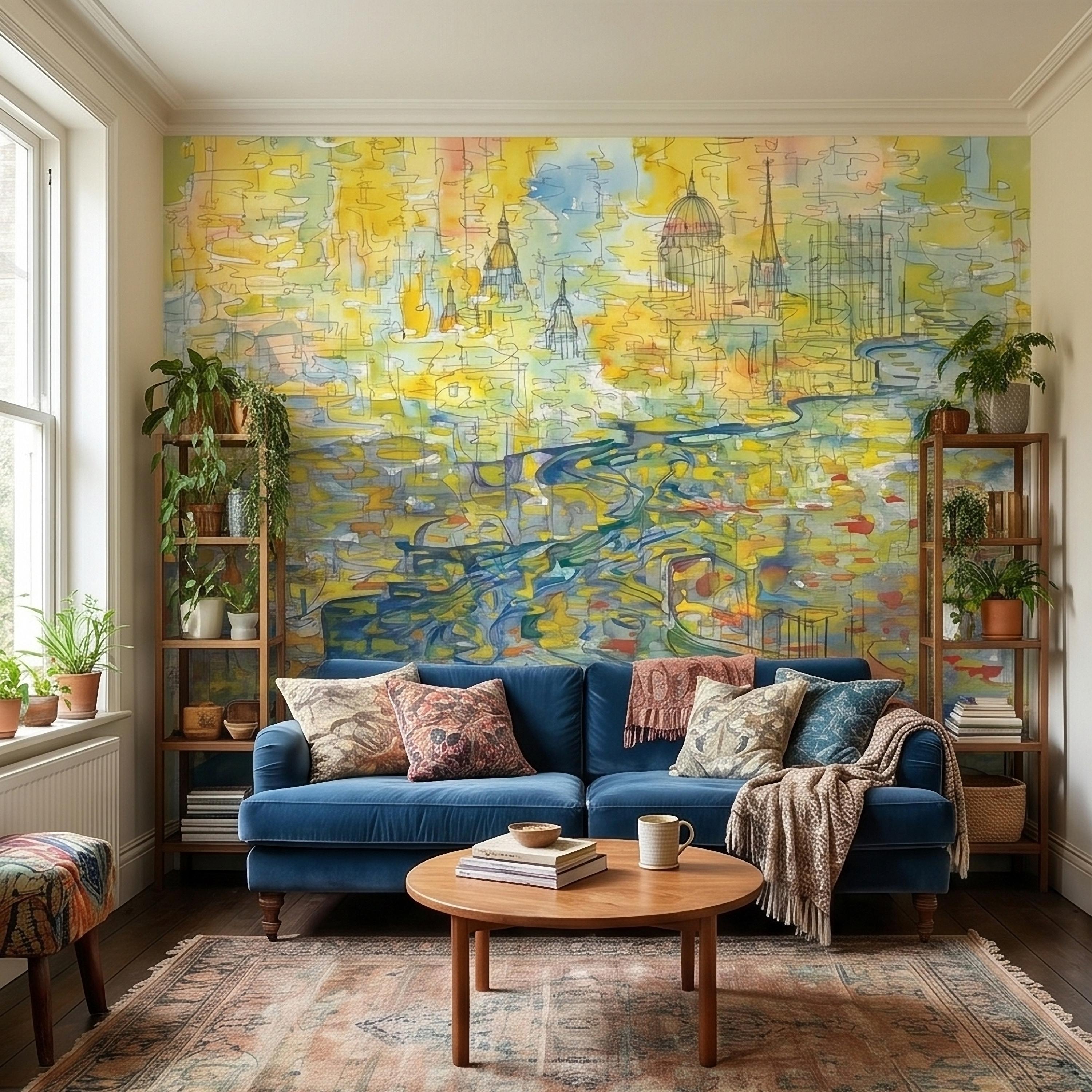 Abstract Watercolor City Map Peel and Stick Wall Mural, Colorful River Cityscape Line Drawing with Domes, Modern Urban Blue Yellow Wallpaper