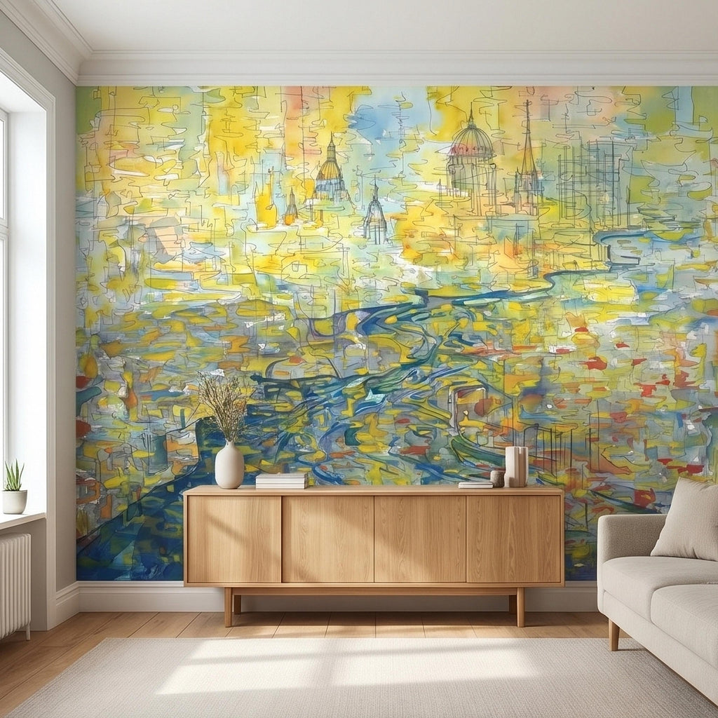 Abstract Watercolor City Map Peel and Stick Wall Mural, Colorful River Cityscape Line Drawing with Domes, Modern Urban Blue Yellow Wallpaper