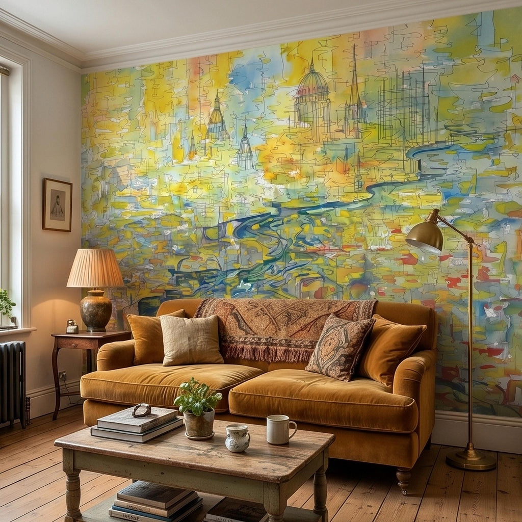 Abstract Watercolor City Map Peel and Stick Wall Mural, Colorful River Cityscape Line Drawing with Domes, Modern Urban Blue Yellow Wallpaper