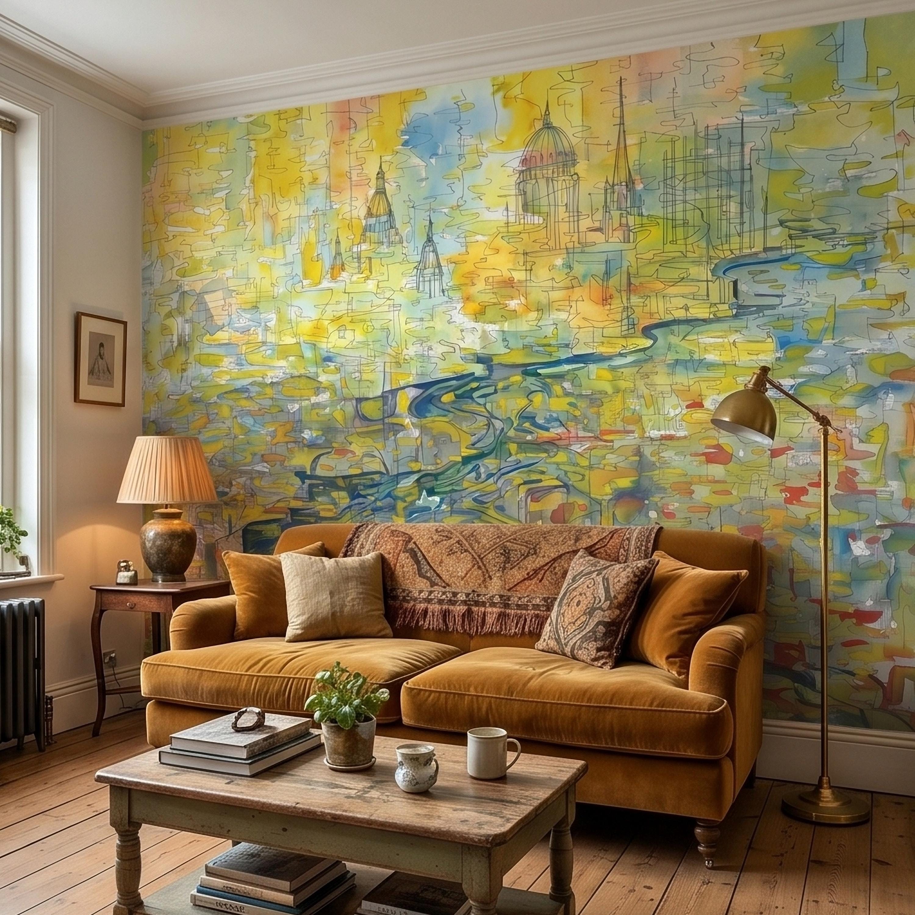 Abstract Watercolor City Map Peel and Stick Wall Mural, Colorful River Cityscape Line Drawing with Domes, Modern Urban Blue Yellow Wallpaper
