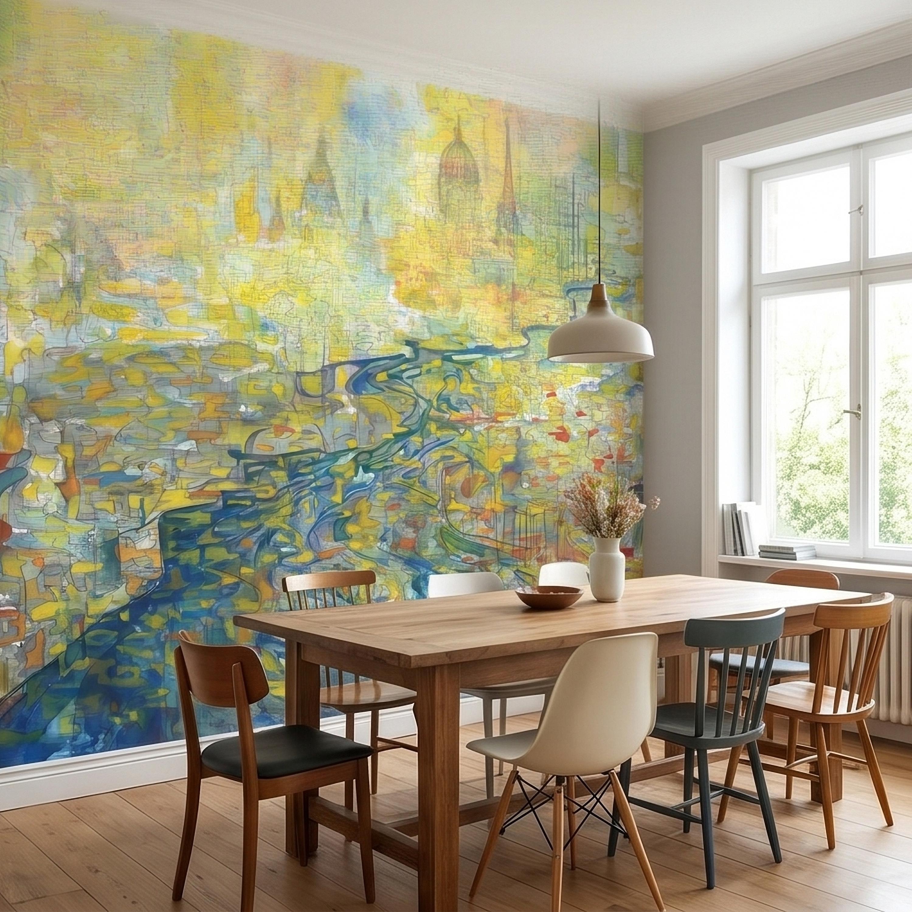 Abstract Watercolor City Map Peel and Stick Wall Mural, Colorful River Cityscape Line Drawing with Domes, Modern Urban Blue Yellow Wallpaper