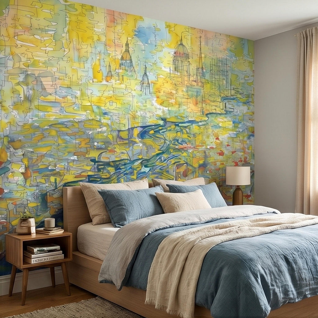 Abstract Watercolor City Map Peel and Stick Wall Mural, Colorful River Cityscape Line Drawing with Domes, Modern Urban Blue Yellow Wallpaper
