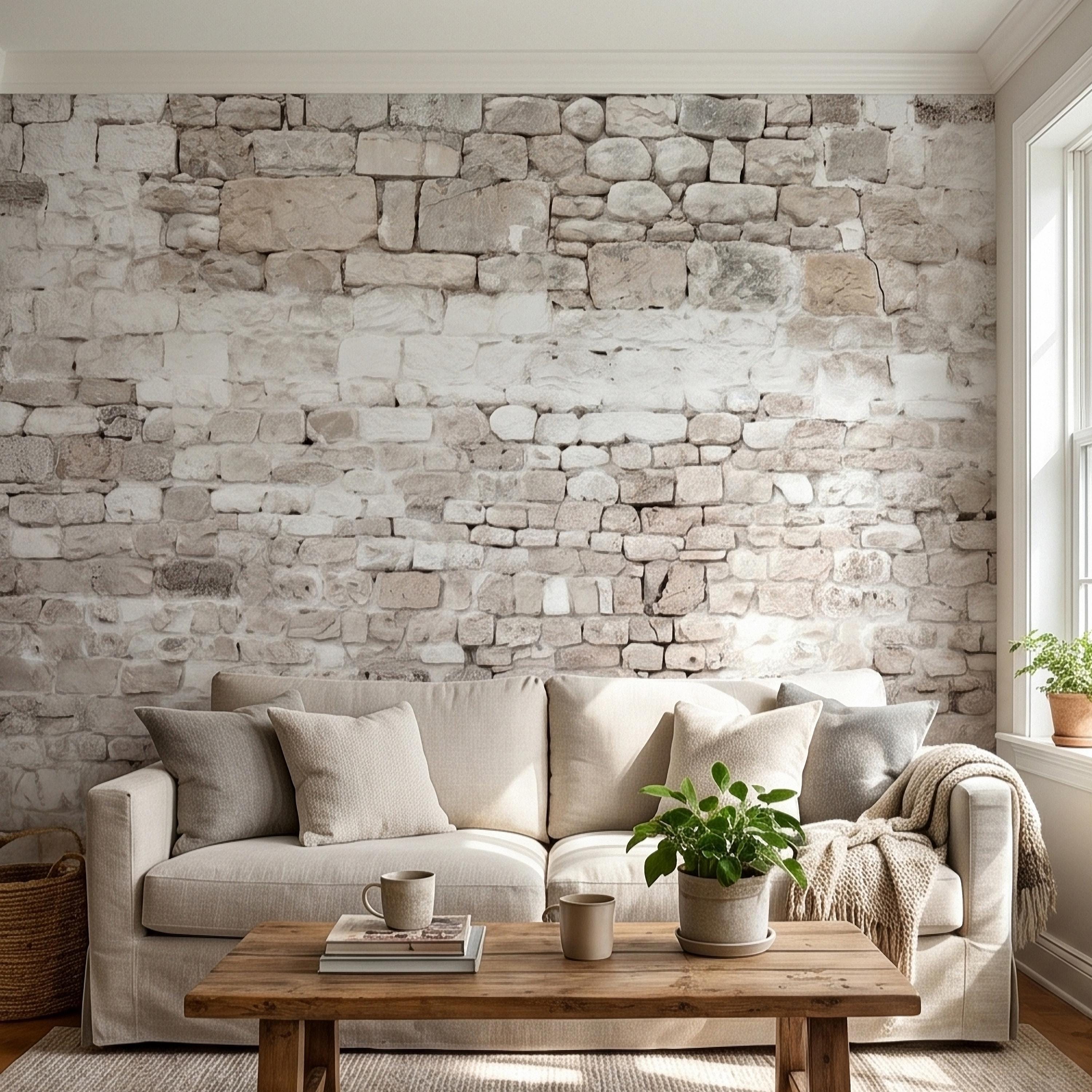 Faux White Brick Peel and Stick Wall Mural, Whitewashed Distressed Exposed Brick Texture, Farmhouse Industrial Loft Backdrop Wallpaper