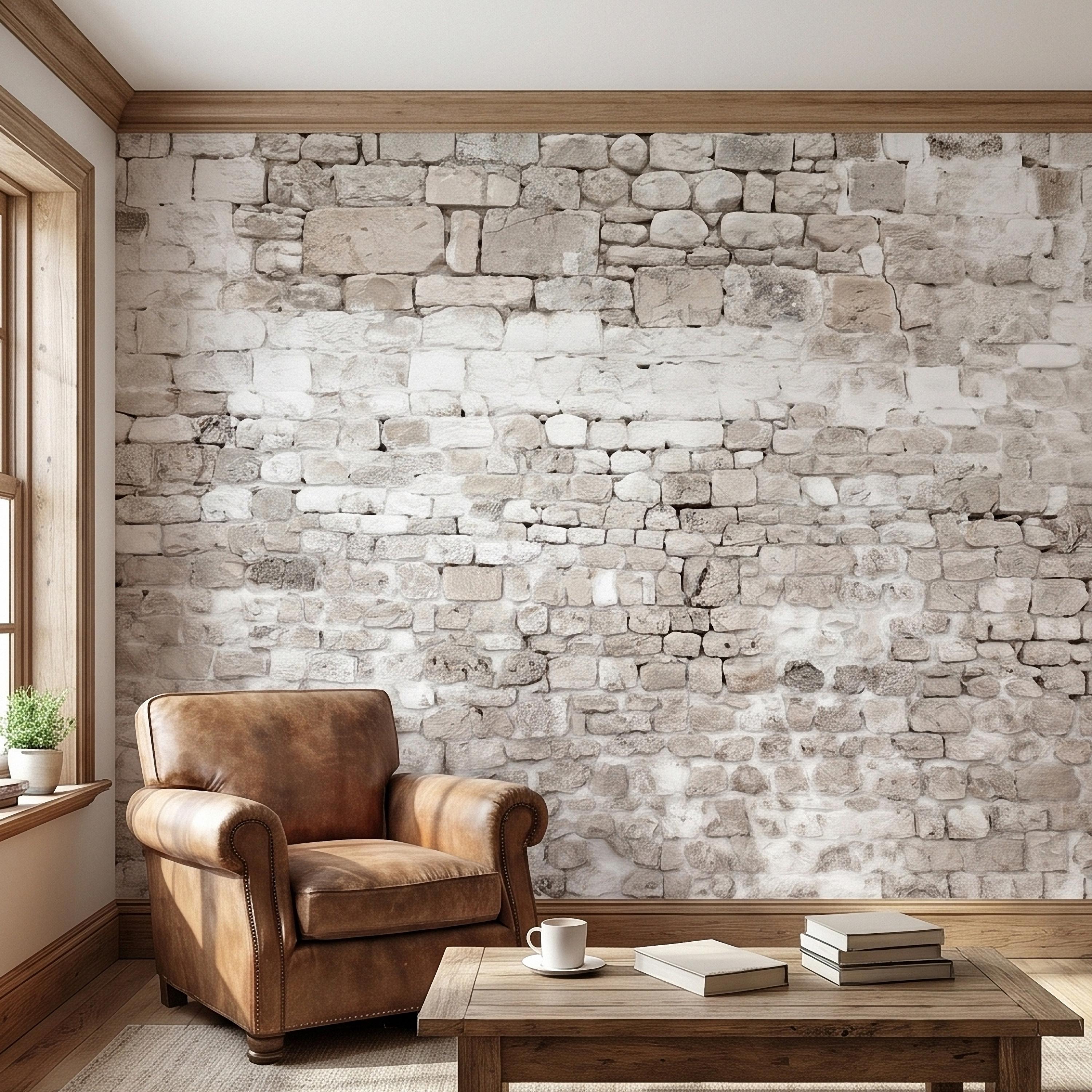 Faux White Brick Peel and Stick Wall Mural, Whitewashed Distressed Exposed Brick Texture, Farmhouse Industrial Loft Backdrop Wallpaper