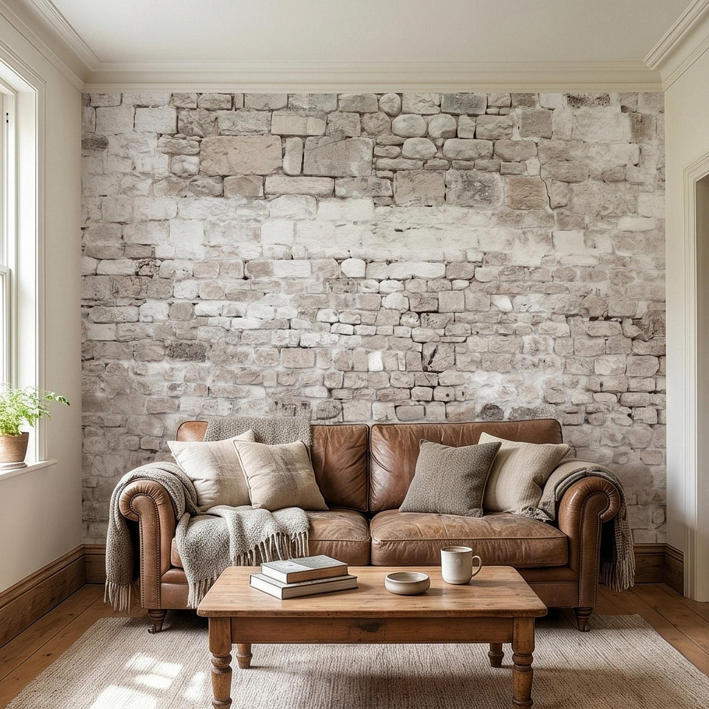 Faux White Brick Peel and Stick Wall Mural, Whitewashed Distressed Exposed Brick Texture, Farmhouse Industrial Loft Backdrop Wallpaper