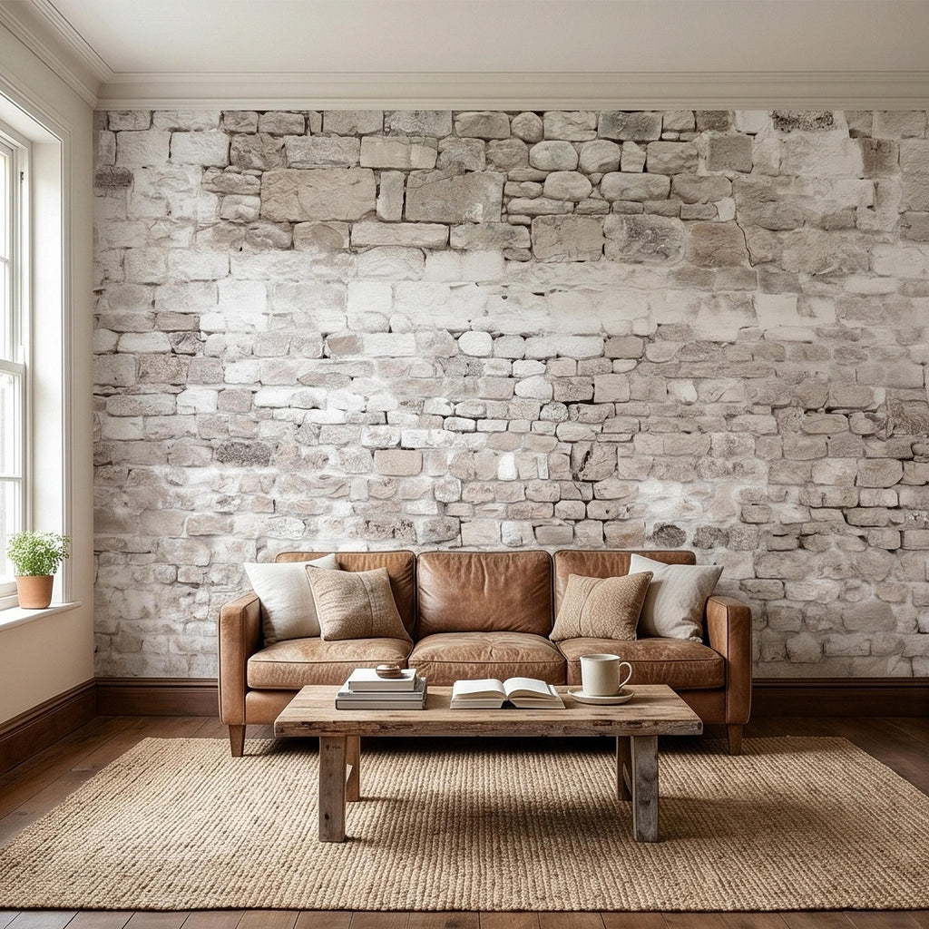 Faux White Brick Peel and Stick Wall Mural, Whitewashed Distressed Exposed Brick Texture, Farmhouse Industrial Loft Backdrop Wallpaper