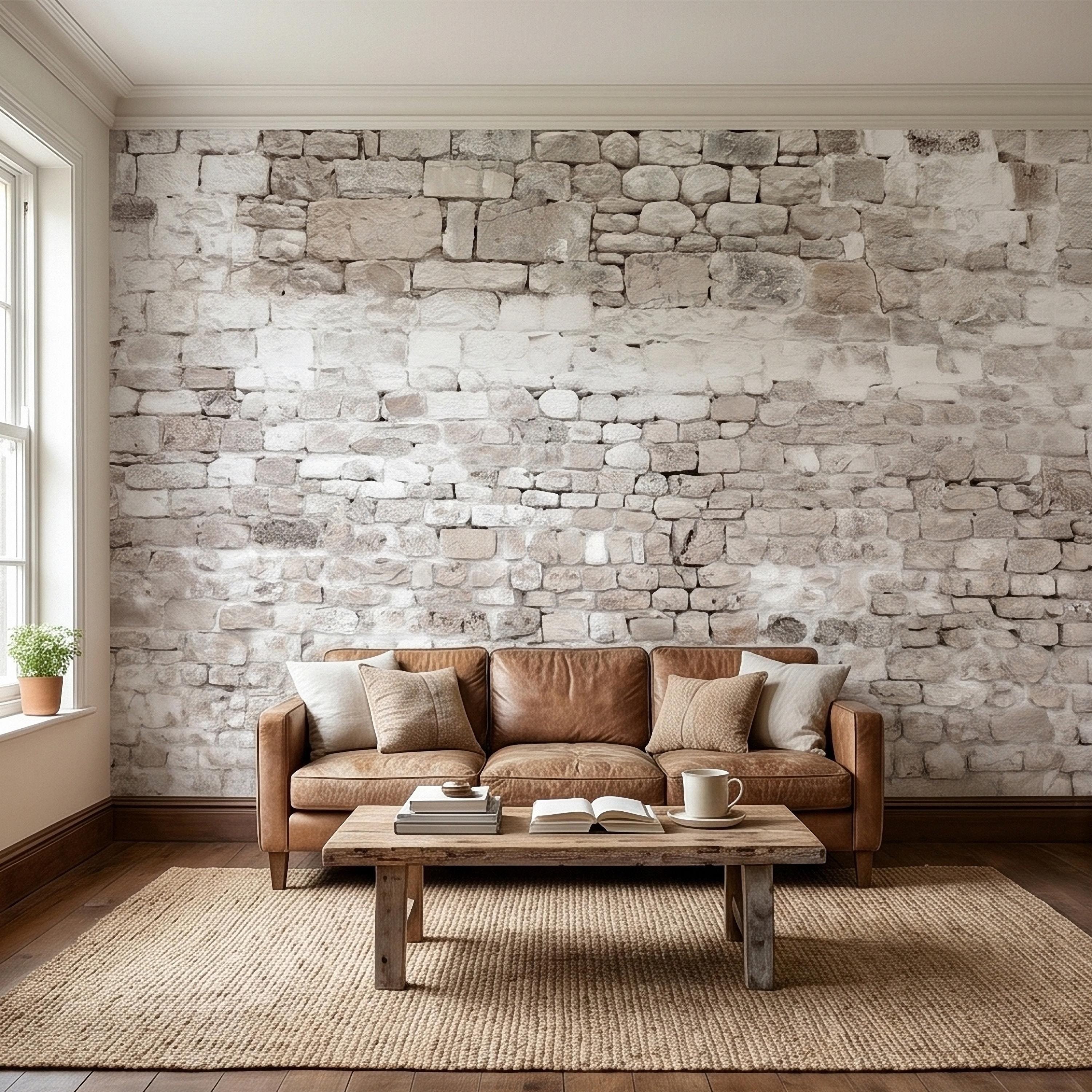 Faux White Brick Peel and Stick Wall Mural, Whitewashed Distressed Exposed Brick Texture, Farmhouse Industrial Loft Backdrop Wallpaper