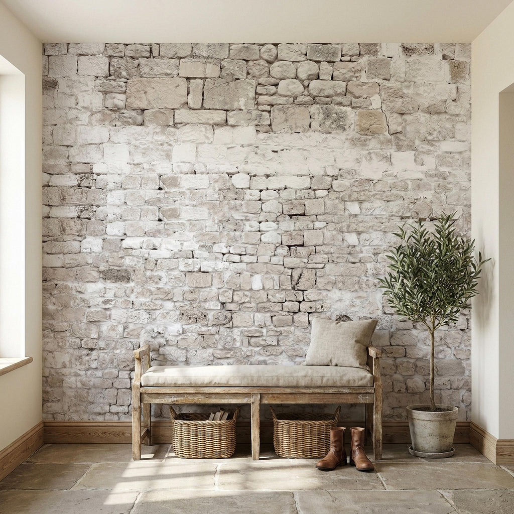 Faux White Brick Peel and Stick Wall Mural, Whitewashed Distressed Exposed Brick Texture, Farmhouse Industrial Loft Backdrop Wallpaper