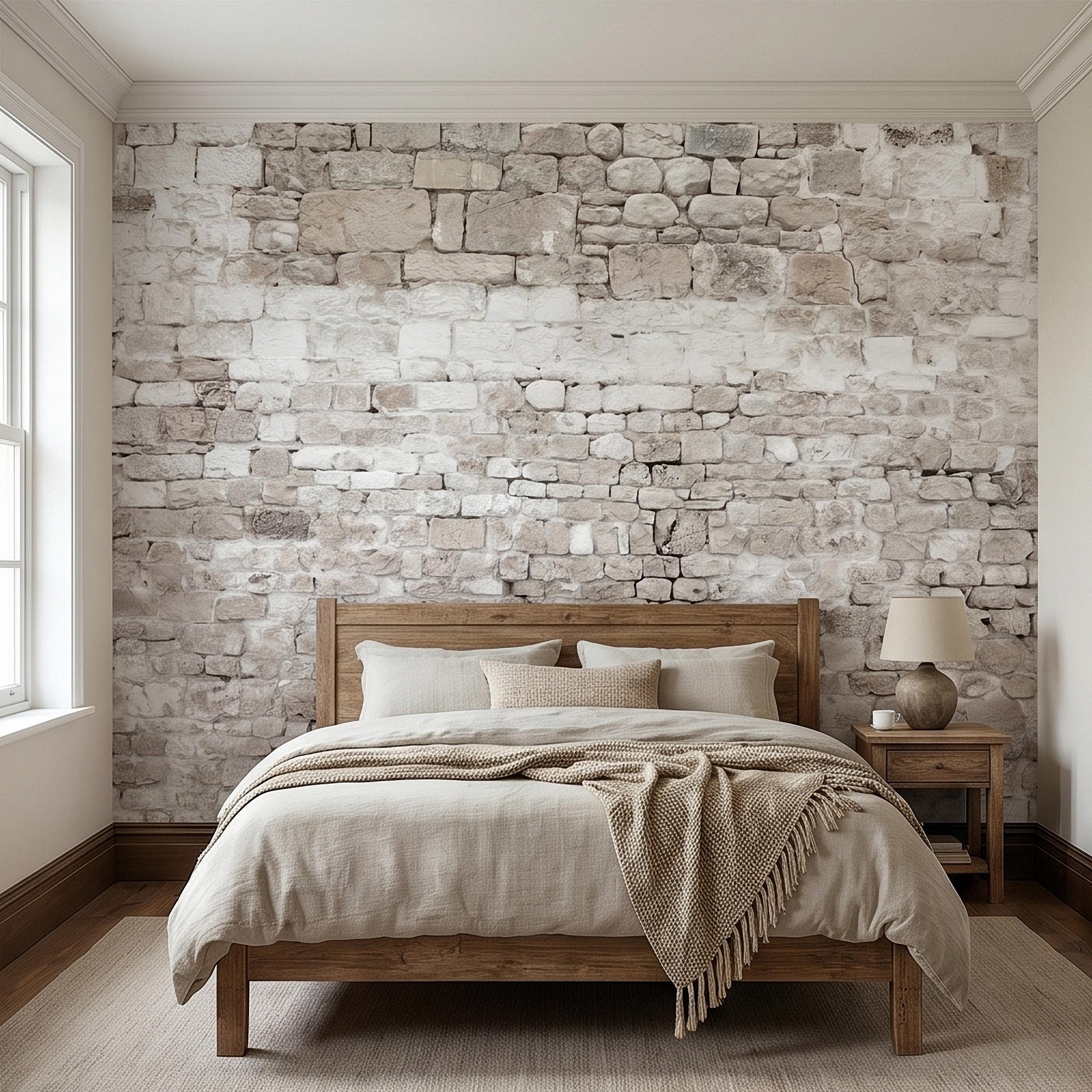 Faux White Brick Peel and Stick Wall Mural, Whitewashed Distressed Exposed Brick Texture, Farmhouse Industrial Loft Backdrop Wallpaper
