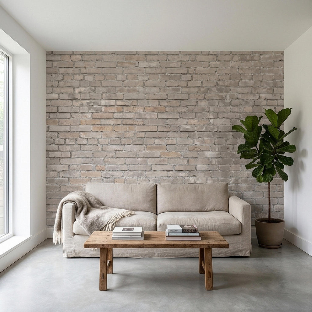 Whitewashed Brick Peel and Stick Wall Mural, Faux Exposed White Brick Texture Neutral Gray Farmhouse Loft Industrial Accent Brick Wallpaper