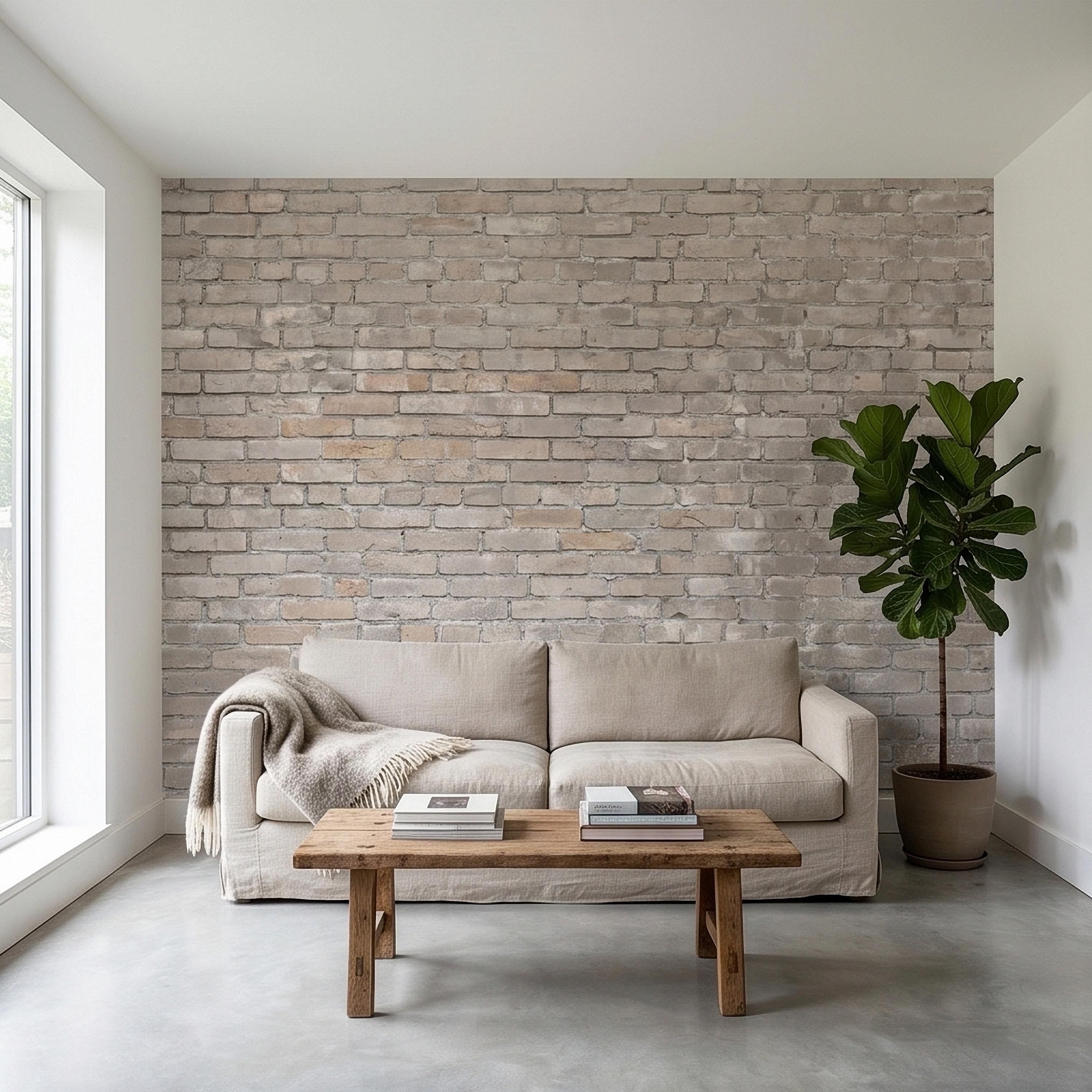 Whitewashed Brick Peel and Stick Wall Mural, Faux Exposed White Brick Texture Neutral Gray Farmhouse Loft Industrial Accent Brick Wallpaper