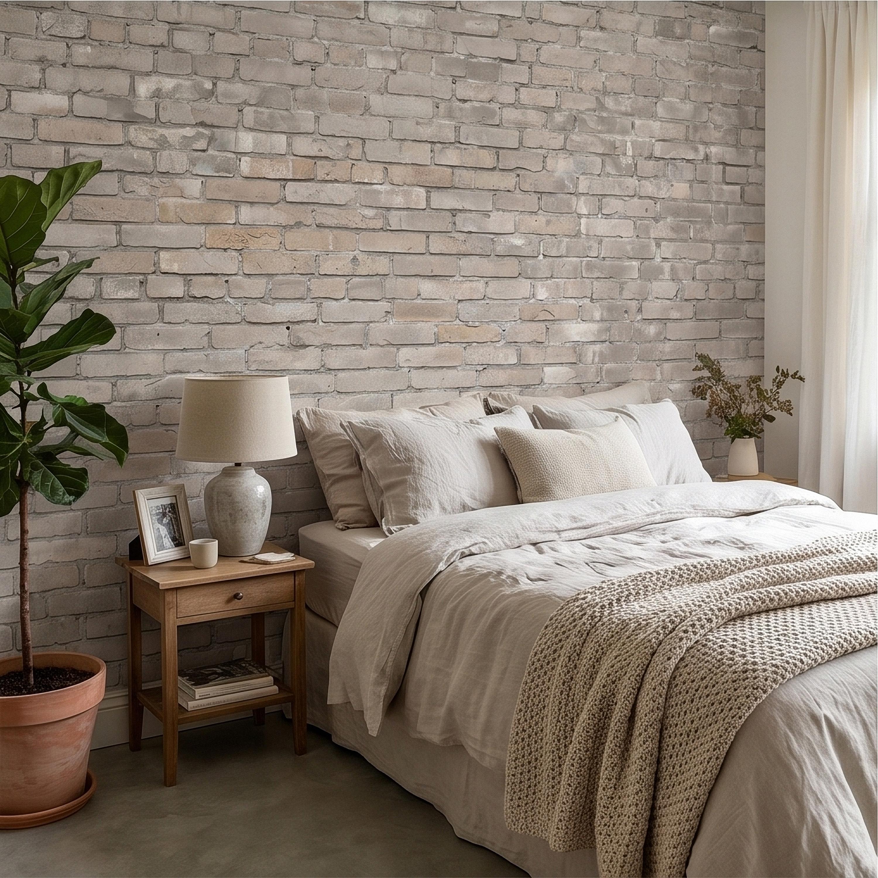 Whitewashed Brick Peel and Stick Wall Mural, Faux Exposed White Brick Texture Neutral Gray Farmhouse Loft Industrial Accent Brick Wallpaper