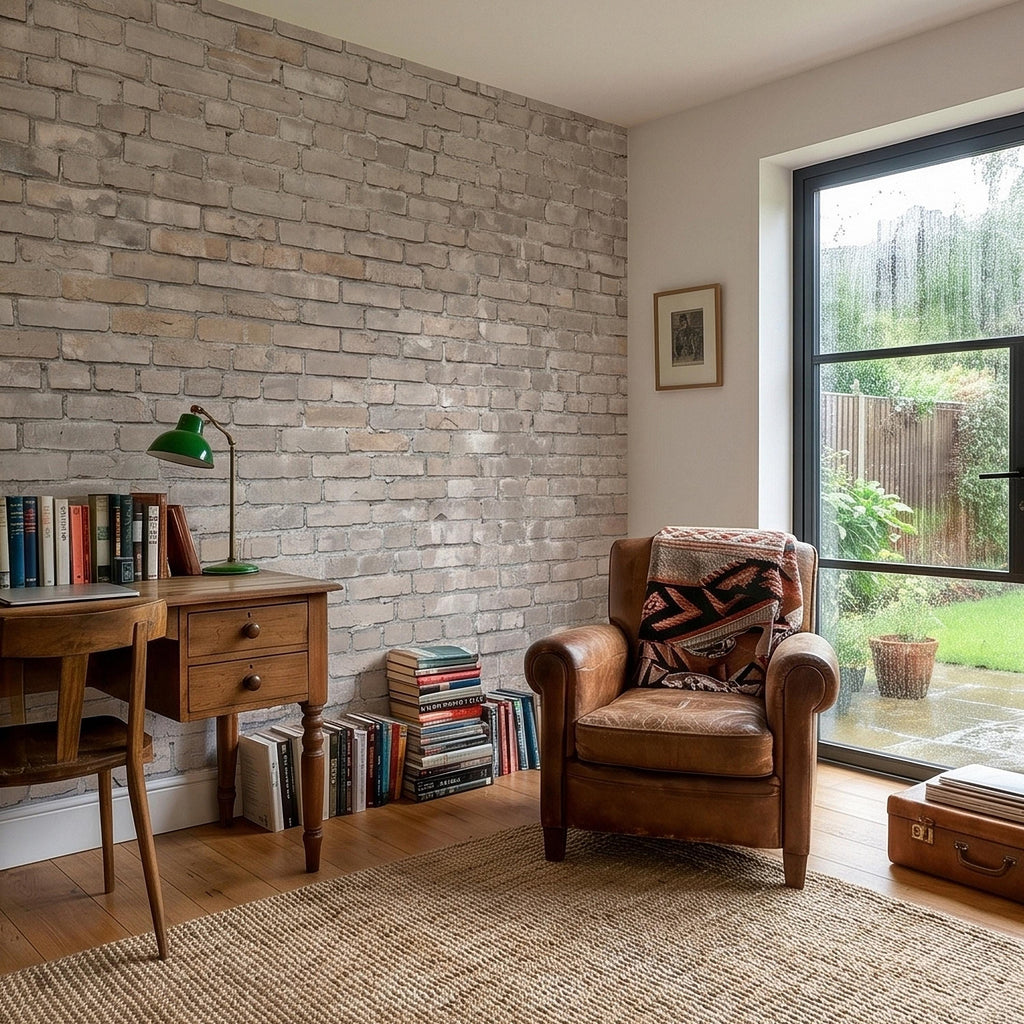 Whitewashed Brick Peel and Stick Wall Mural, Faux Exposed White Brick Texture Neutral Gray Farmhouse Loft Industrial Accent Brick Wallpaper