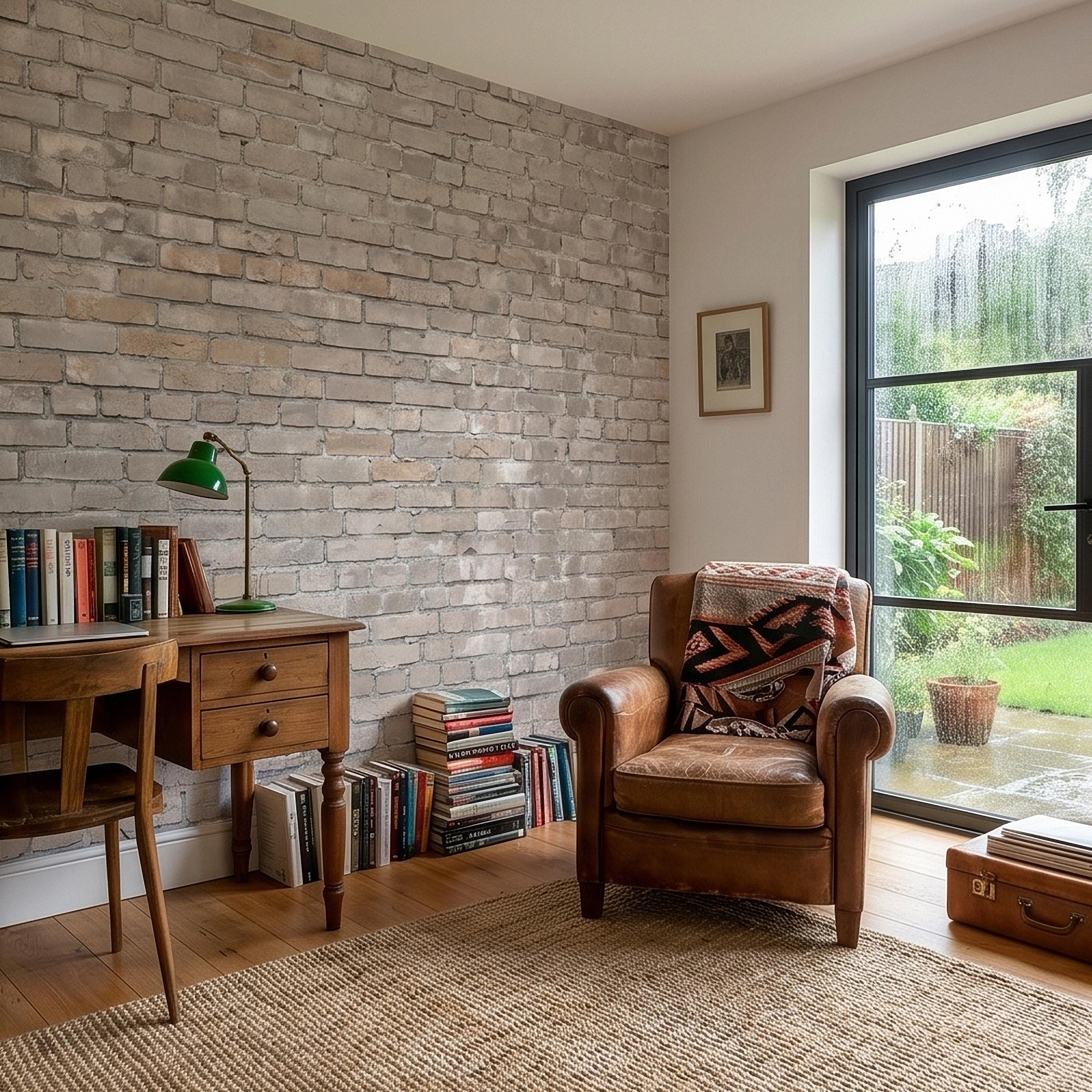 Whitewashed Brick Peel and Stick Wall Mural, Faux Exposed White Brick Texture Neutral Gray Farmhouse Loft Industrial Accent Brick Wallpaper