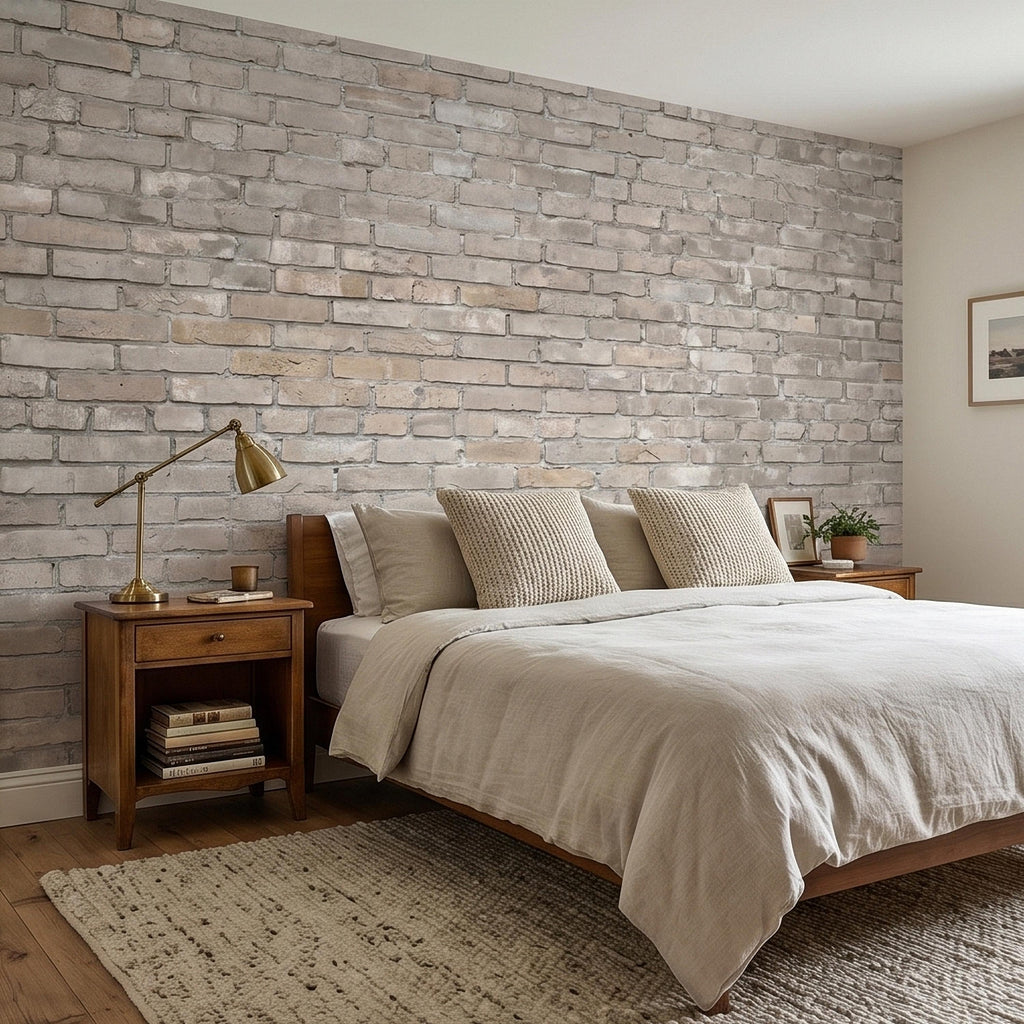 Whitewashed Brick Peel and Stick Wall Mural, Faux Exposed White Brick Texture Neutral Gray Farmhouse Loft Industrial Accent Brick Wallpaper