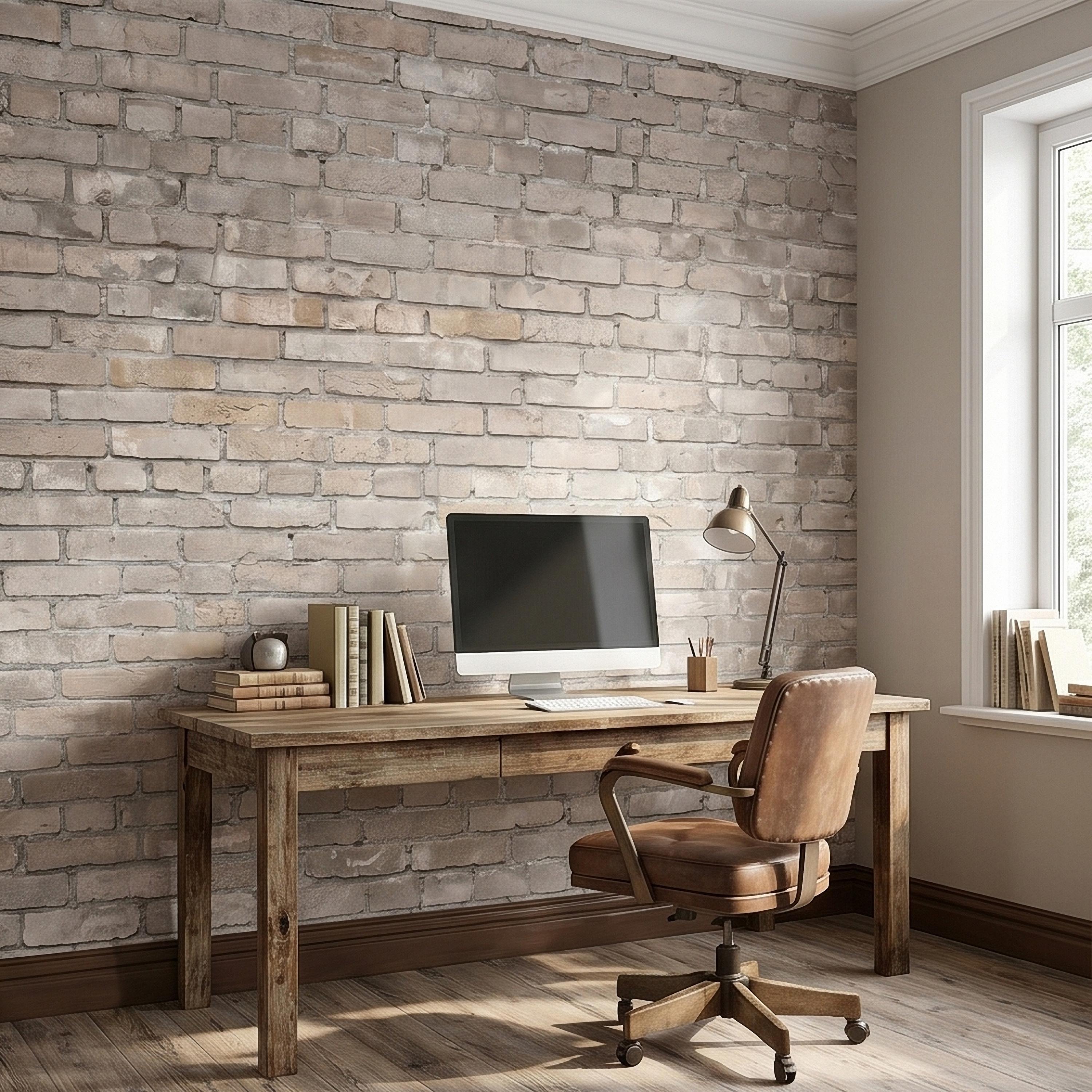 Whitewashed Brick Peel and Stick Wall Mural, Faux Exposed White Brick Texture Neutral Gray Farmhouse Loft Industrial Accent Brick Wallpaper