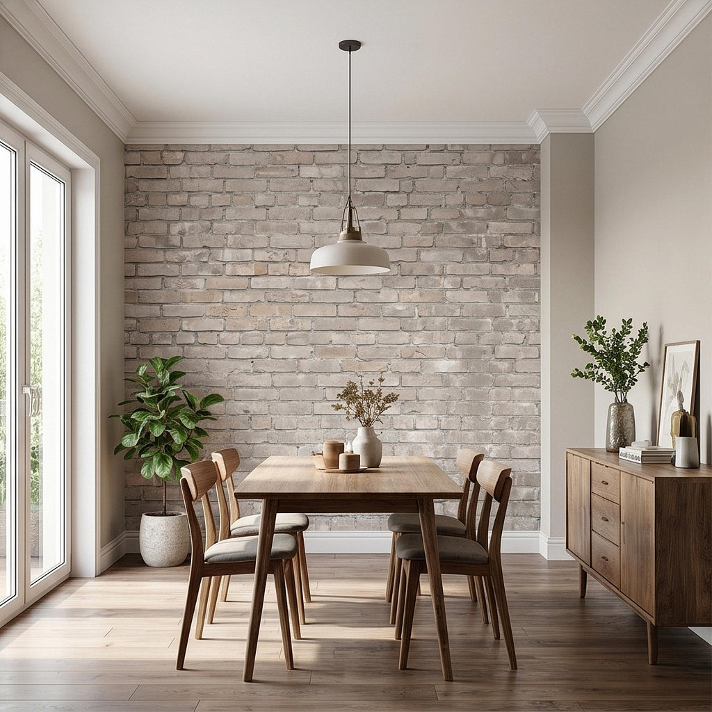 Whitewashed Brick Peel and Stick Wall Mural, Faux Exposed White Brick Texture Neutral Gray Farmhouse Loft Industrial Accent Brick Wallpaper