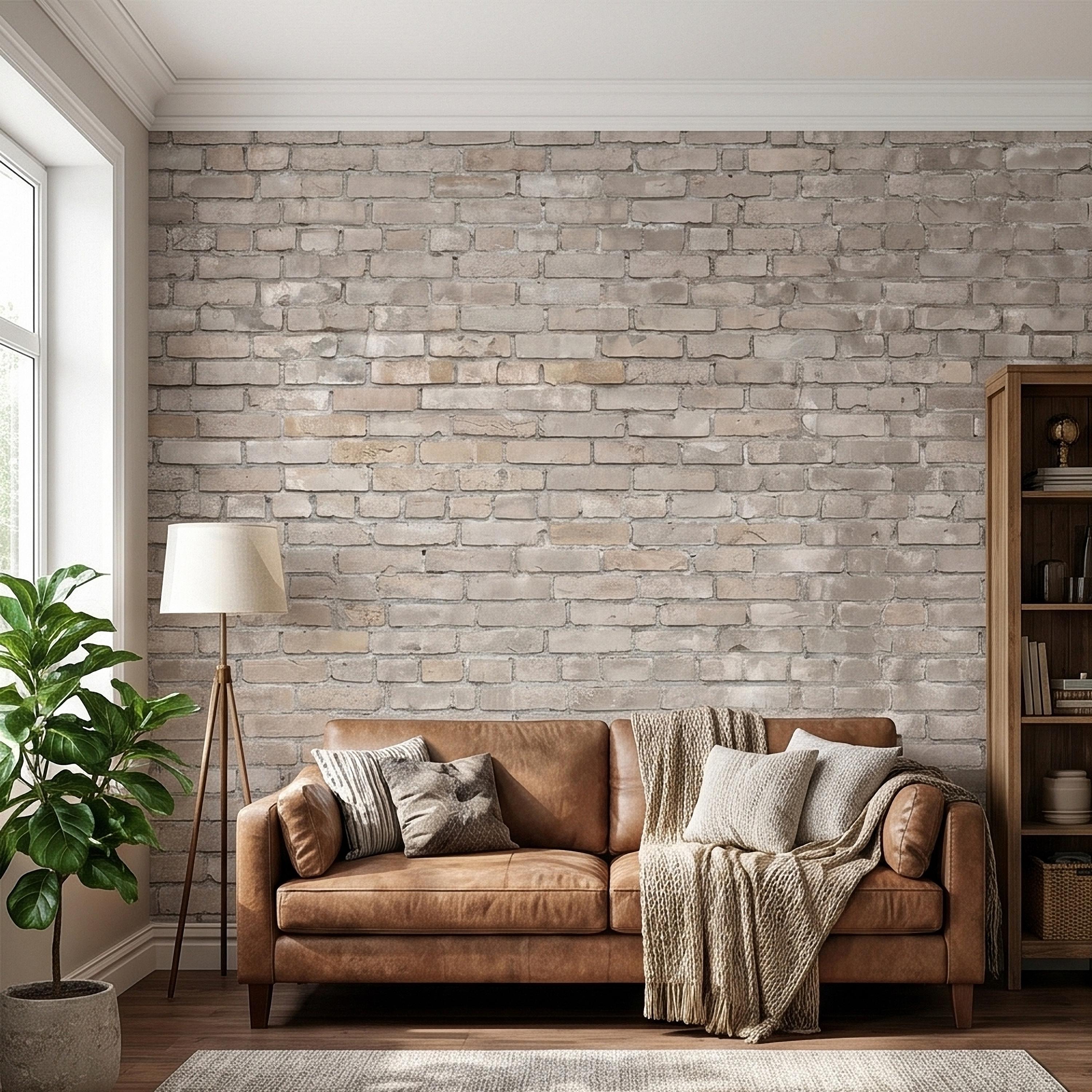 Whitewashed Brick Peel and Stick Wall Mural, Faux Exposed White Brick Texture Neutral Gray Farmhouse Loft Industrial Accent Brick Wallpaper