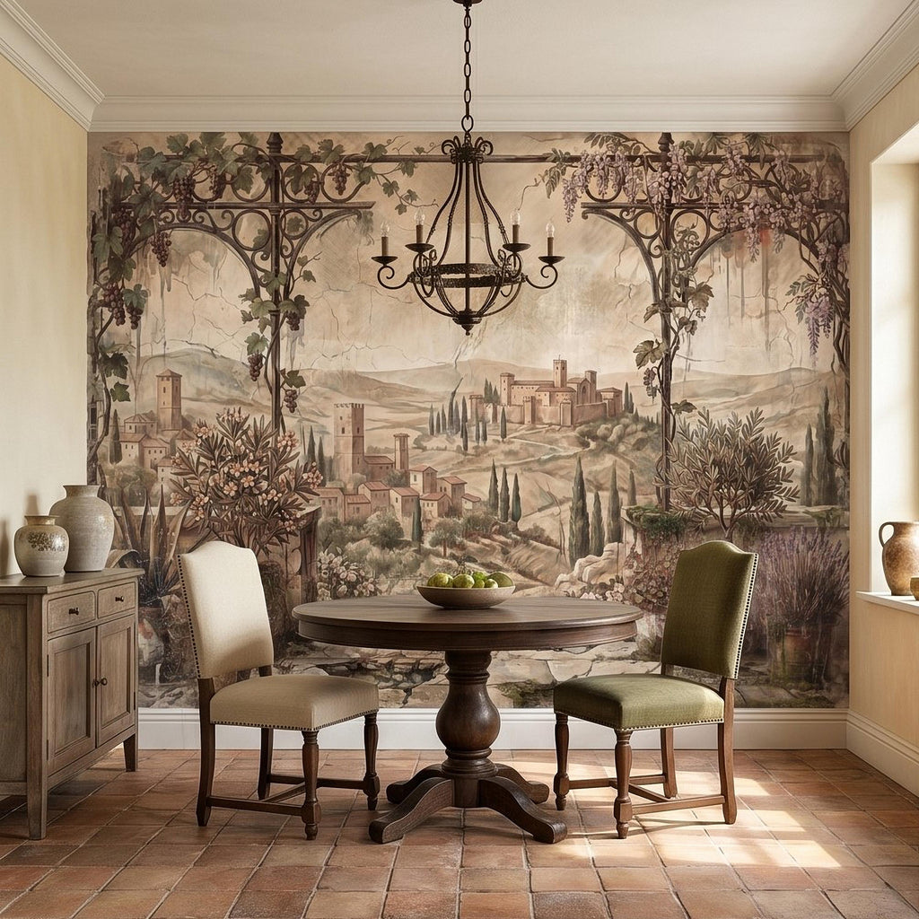 Vineyard Grapevine Pergola Terrace Peel and Stick Wall Mural, Tuscan Countryside with Cypress Hills, Vintage Fresco Garden Scene Wallpaper