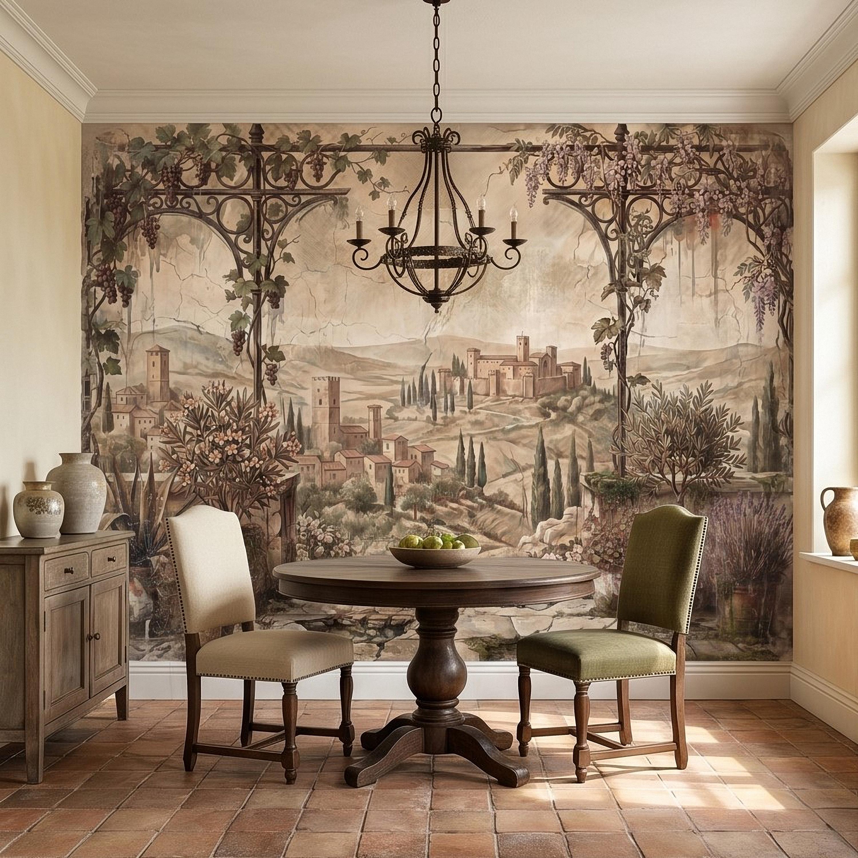 Vineyard Grapevine Pergola Terrace Peel and Stick Wall Mural, Tuscan Countryside with Cypress Hills, Vintage Fresco Garden Scene Wallpaper