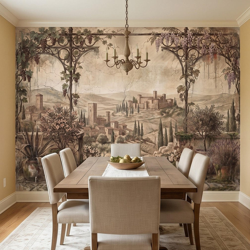 Vineyard Grapevine Pergola Terrace Peel and Stick Wall Mural, Tuscan Countryside with Cypress Hills, Vintage Fresco Garden Scene Wallpaper