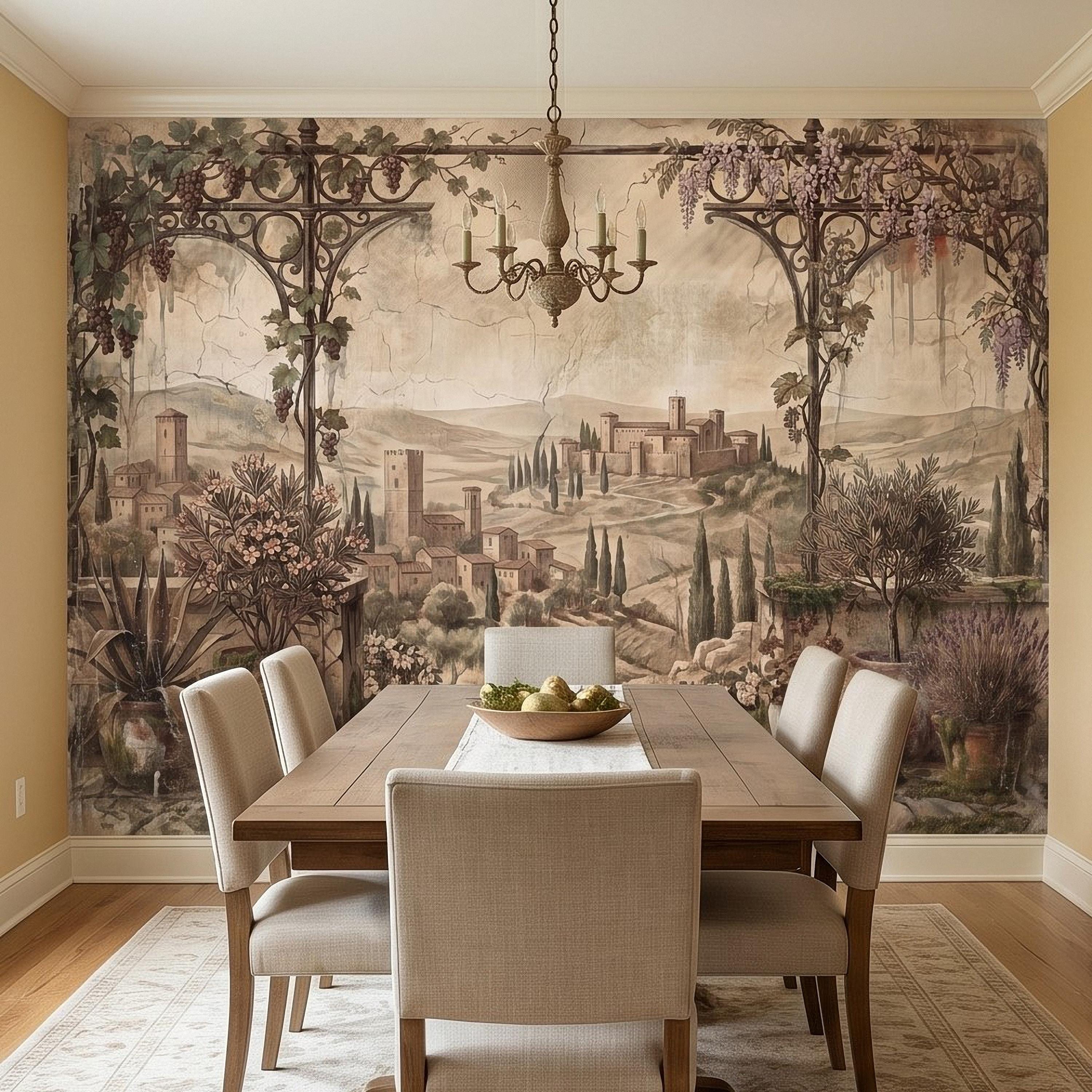 Vineyard Grapevine Pergola Terrace Peel and Stick Wall Mural, Tuscan Countryside with Cypress Hills, Vintage Fresco Garden Scene Wallpaper
