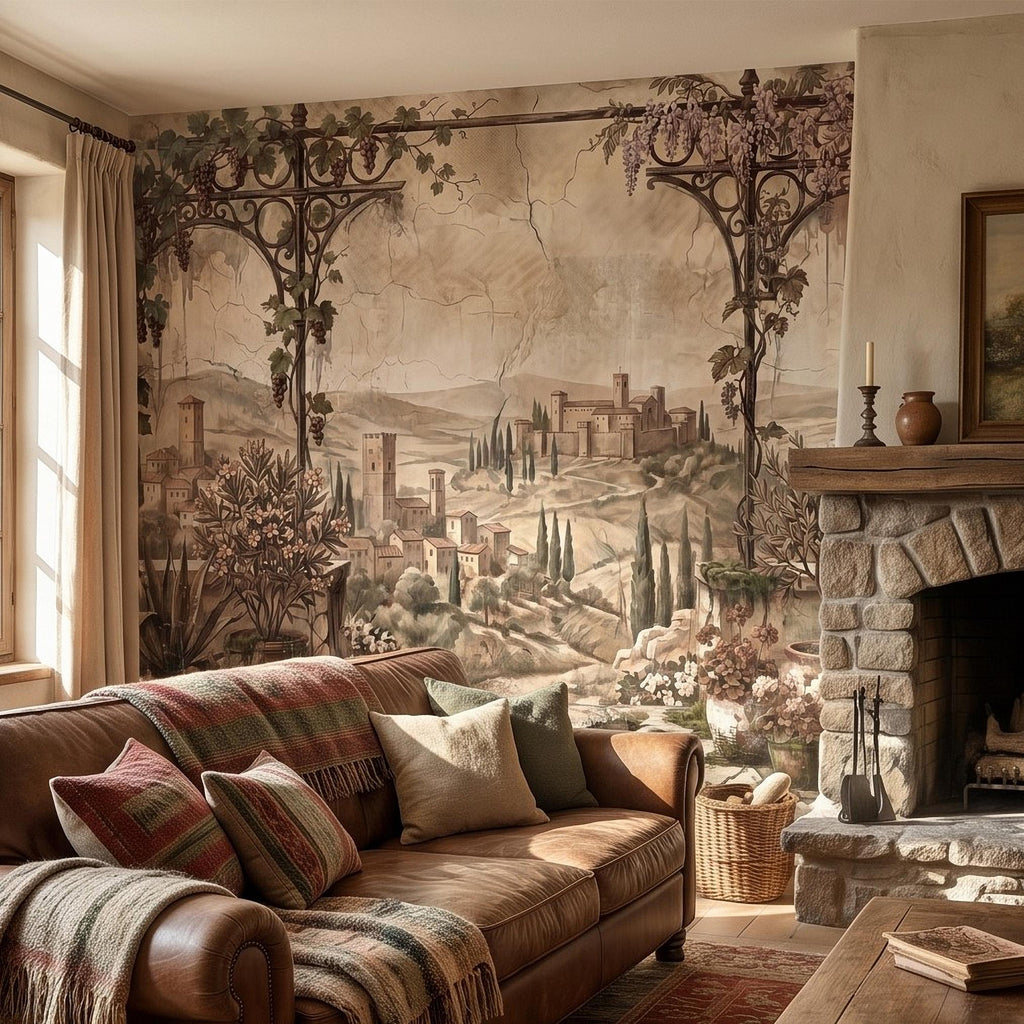 Vineyard Grapevine Pergola Terrace Peel and Stick Wall Mural, Tuscan Countryside with Cypress Hills, Vintage Fresco Garden Scene Wallpaper