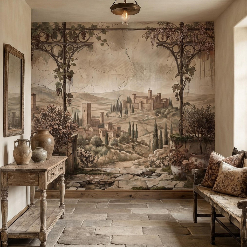 Vineyard Grapevine Pergola Terrace Peel and Stick Wall Mural, Tuscan Countryside with Cypress Hills, Vintage Fresco Garden Scene Wallpaper