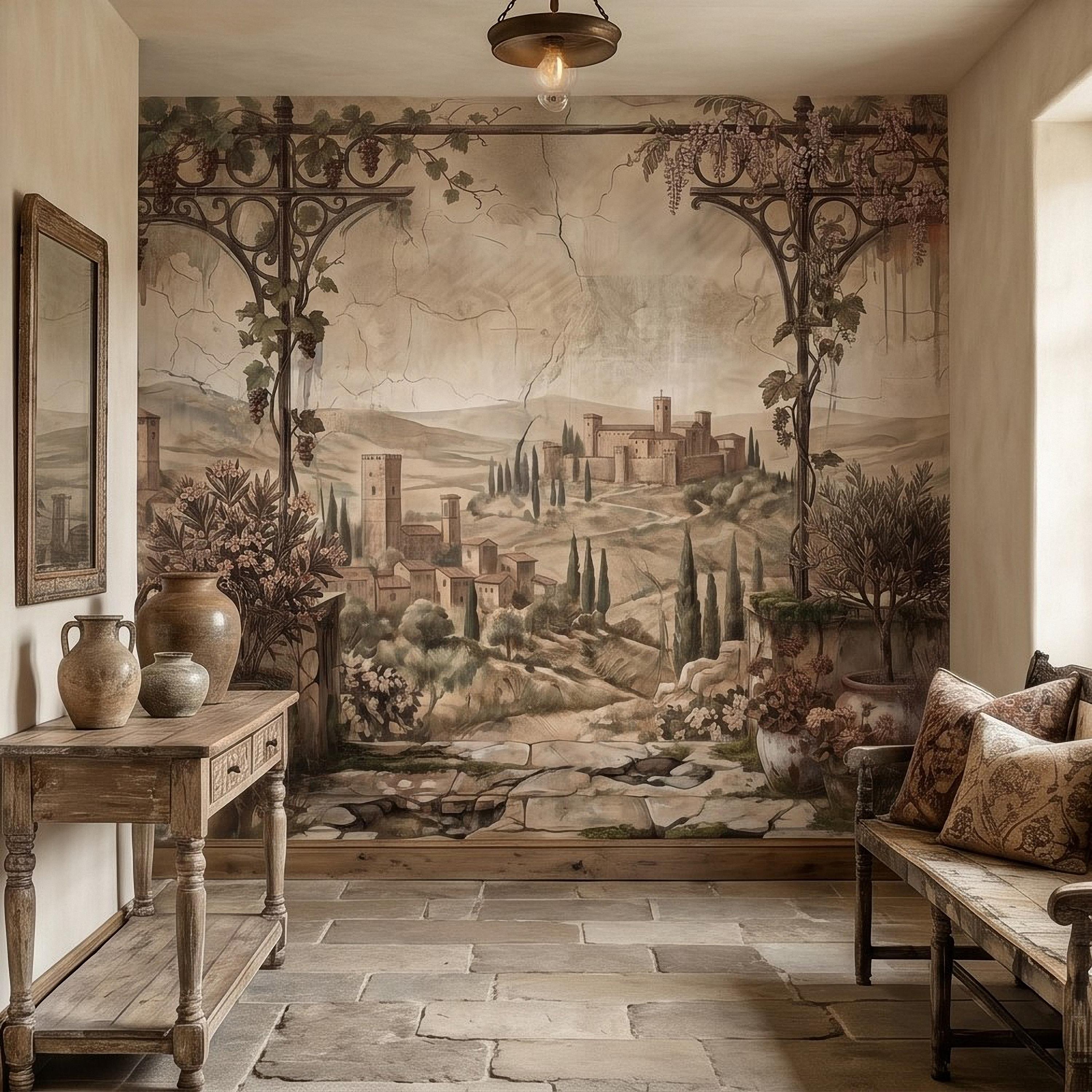 Vineyard Grapevine Pergola Terrace Peel and Stick Wall Mural, Tuscan Countryside with Cypress Hills, Vintage Fresco Garden Scene Wallpaper