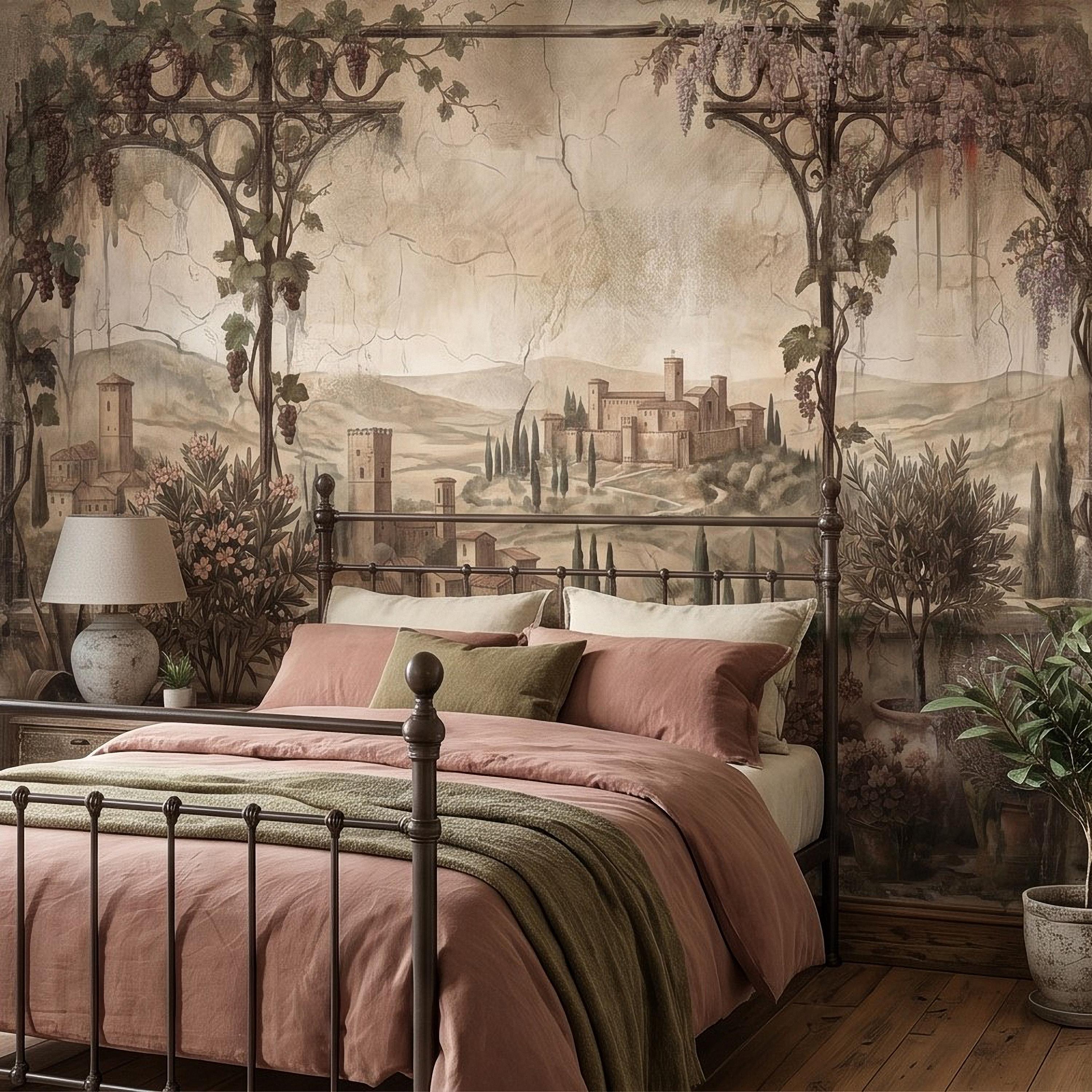 Vineyard Grapevine Pergola Terrace Peel and Stick Wall Mural, Tuscan Countryside with Cypress Hills, Vintage Fresco Garden Scene Wallpaper
