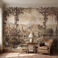Vineyard Grapevine Pergola Terrace Peel and Stick Wall Mural, Tuscan Countryside with Cypress Hills, Vintage Fresco Garden Scene Wallpaper