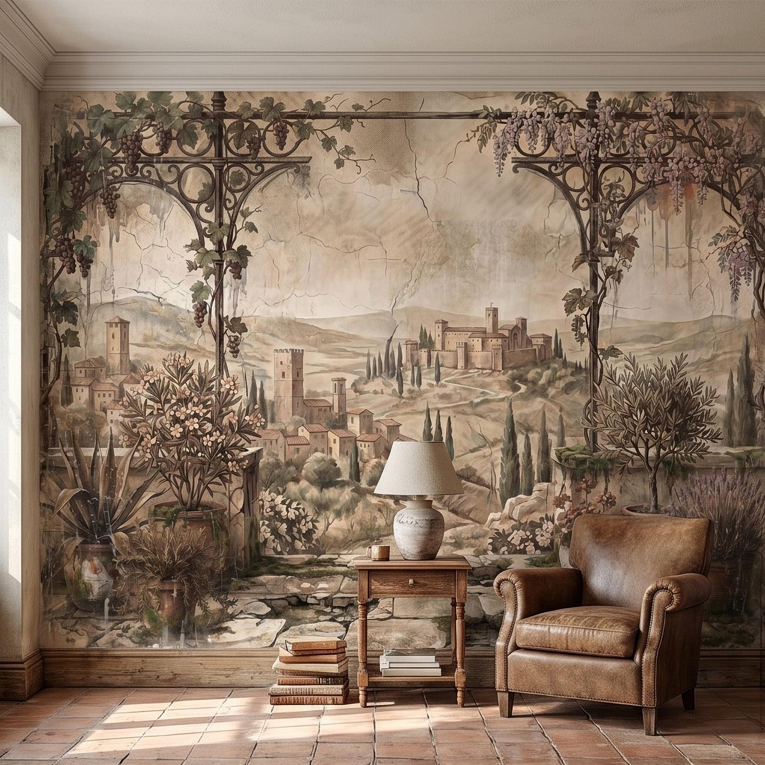 Vineyard Grapevine Pergola Terrace Peel and Stick Wall Mural, Tuscan Countryside with Cypress Hills, Vintage Fresco Garden Scene Wallpaper