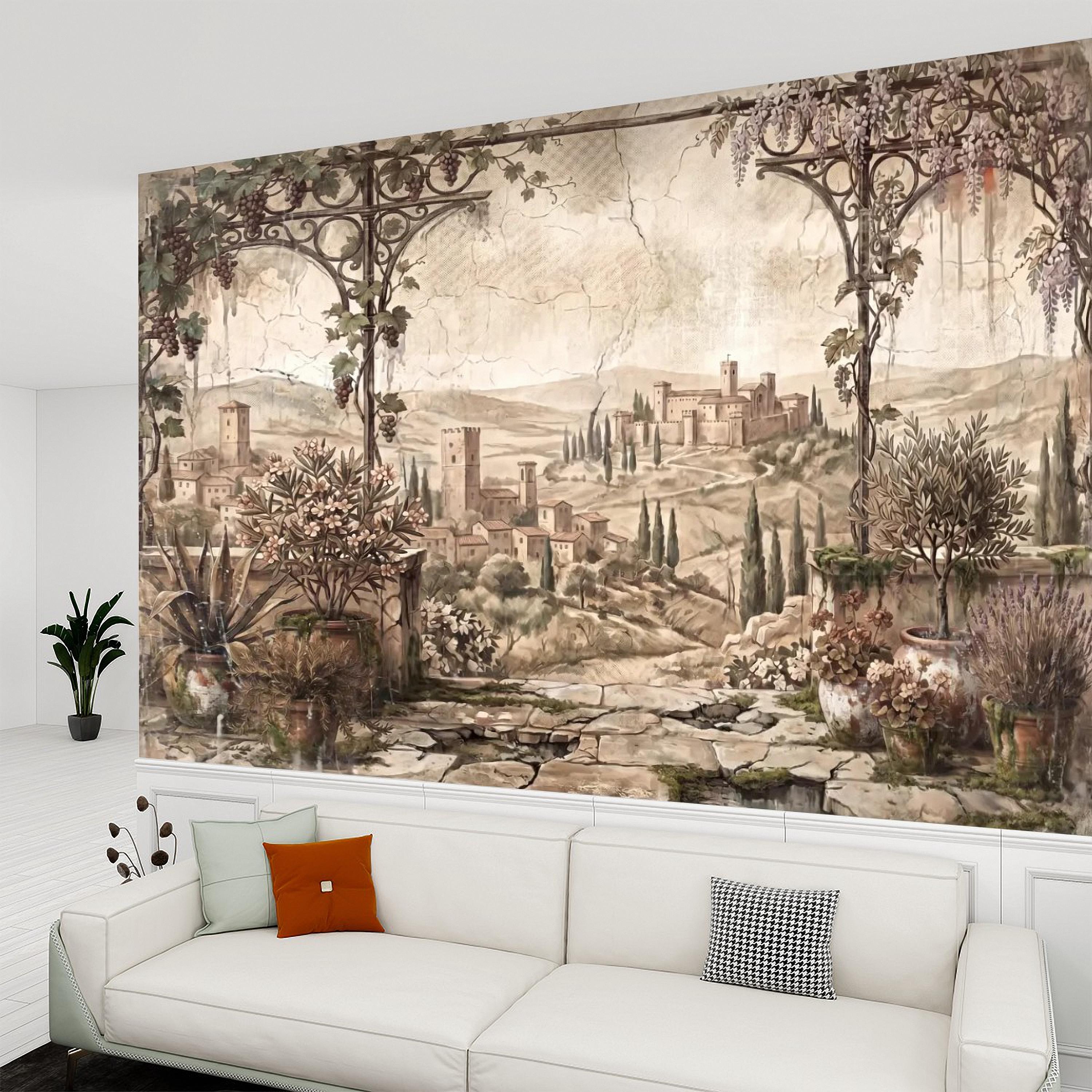 Vineyard Grapevine Pergola Terrace Peel and Stick Wall Mural, Tuscan Countryside with Cypress Hills, Vintage Fresco Garden Scene Wallpaper